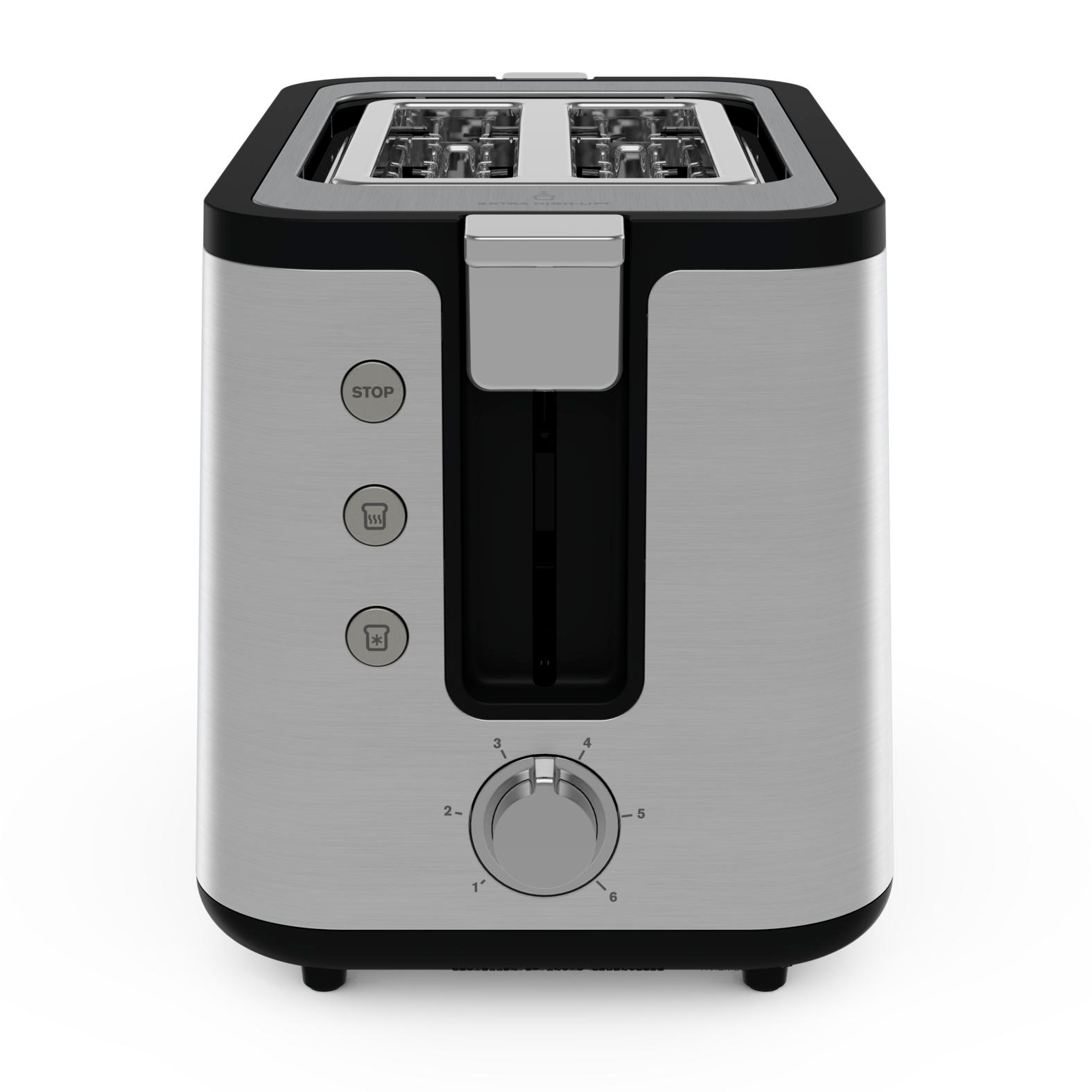 Ein Toaster aus Edelstahl mit schwarzen Akzenten, Knöpfen und einem Drehregler. Es hat Schlitze für Brot und eine Stopptaste.