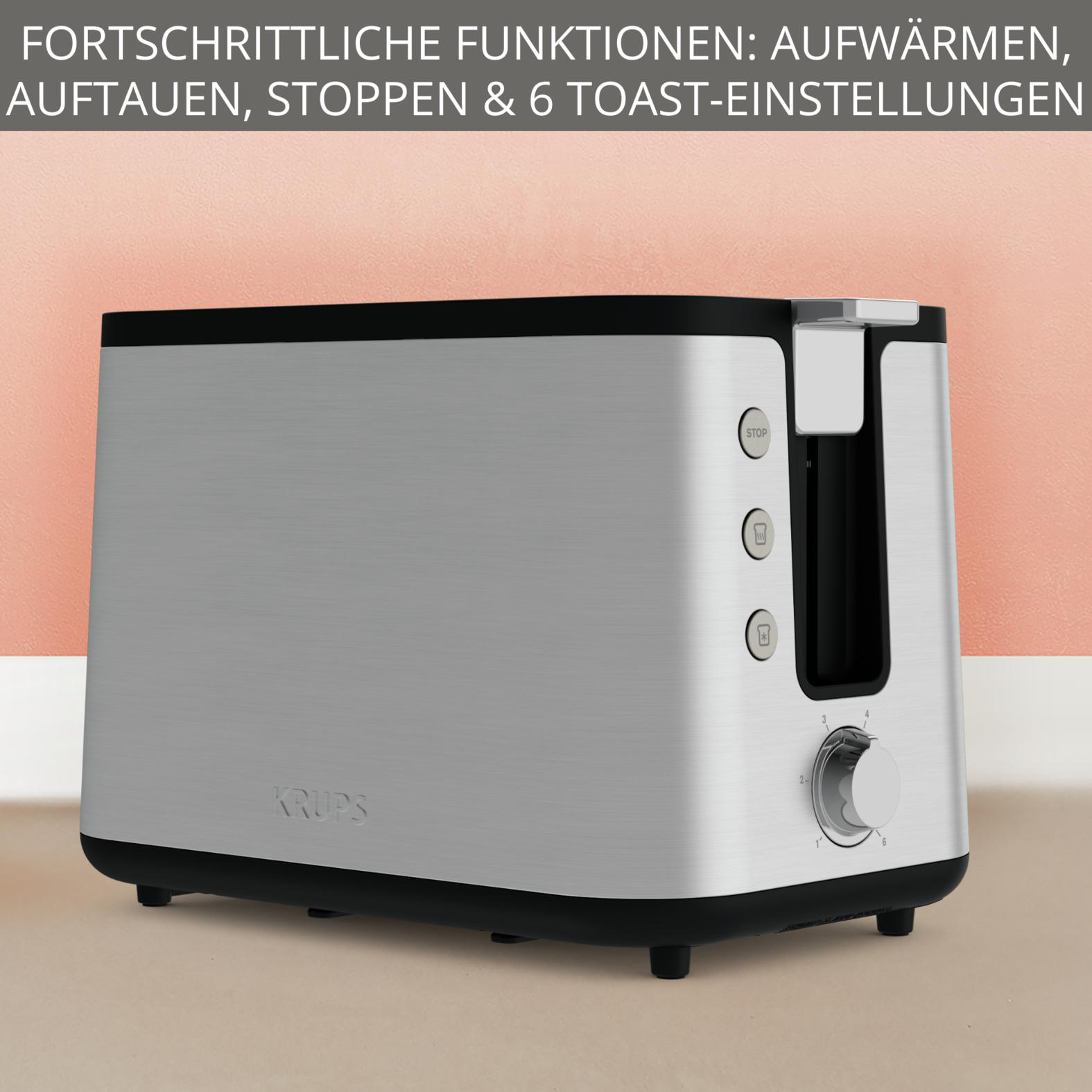 Ein silberner KRUPS-Toaster mit schwarzer Oberseite. Er hat Knöpfe und einen Drehregler für verschiedene Einstellungen.