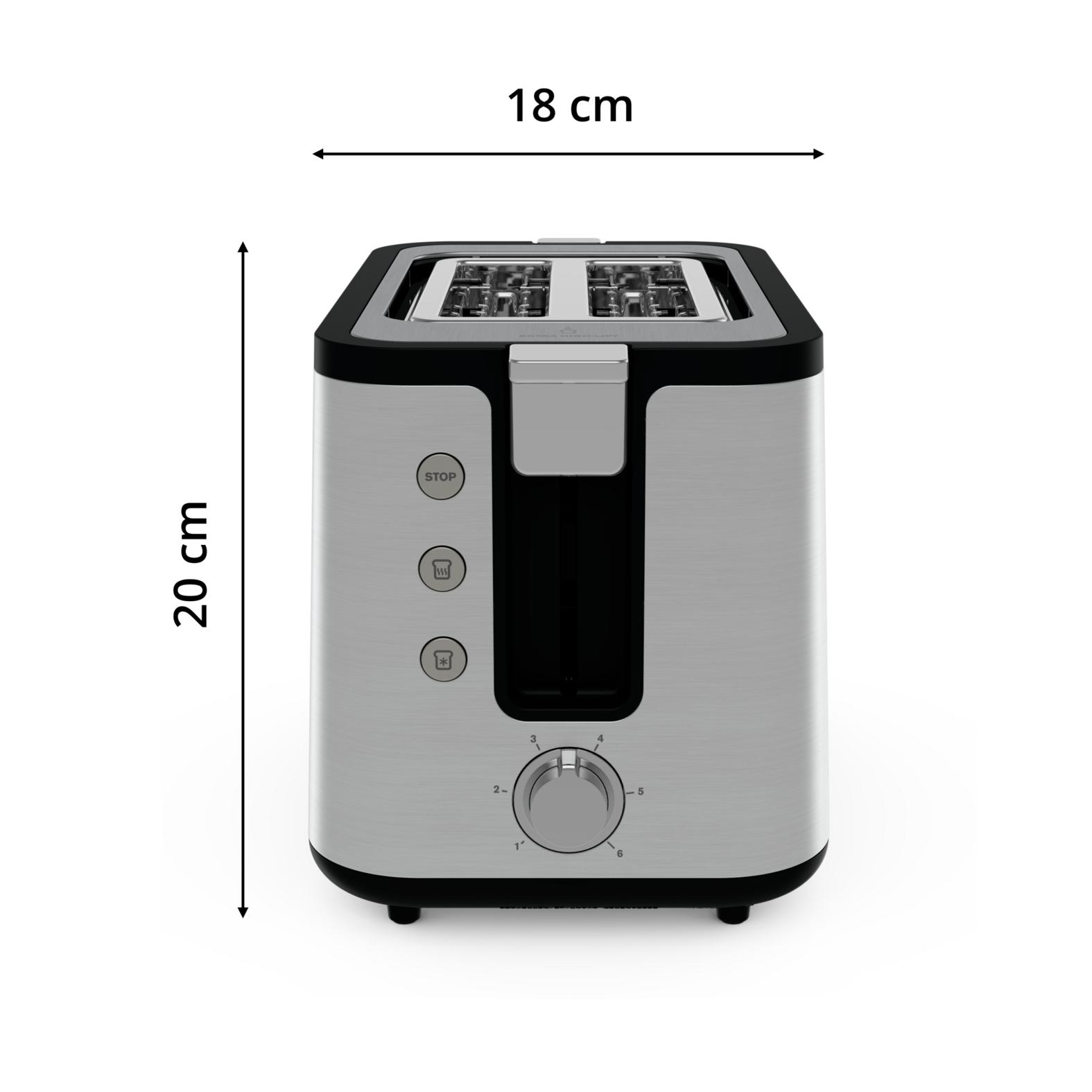 Ein Toaster aus Edelstahl mit schwarzen Akzenten. Er hat einen Drehregler, Knöpfe und Schlitze für Brot. 18 cm breit, 20 cm hoch.