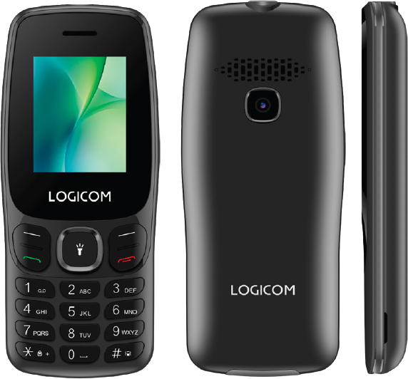 Un téléphone mobile LOGICOM noir, vues avant, arrière et latérale. Il possède un écran, un clavier et une caméra. L'écran affiche un fond vert et blanc.