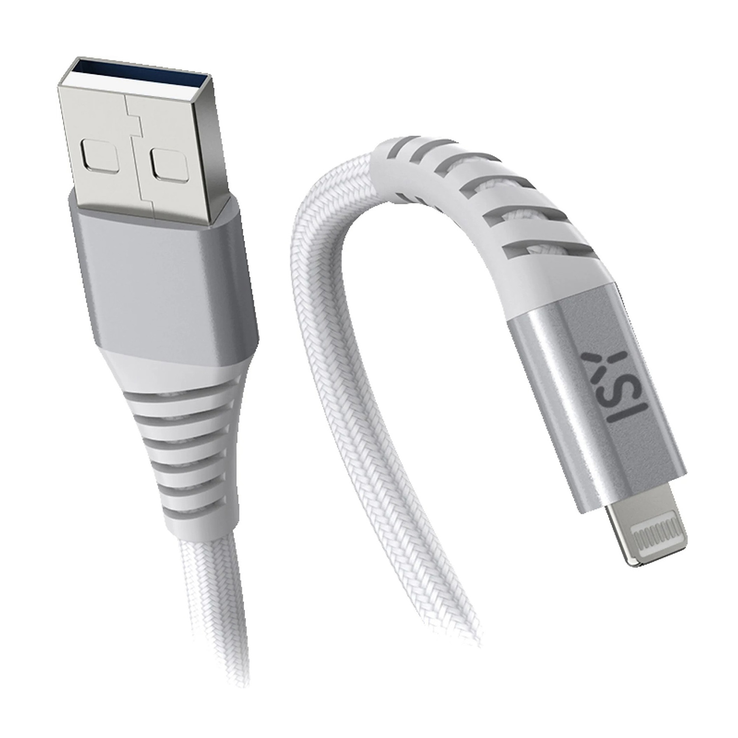 Un cavo di ricarica USB bianco con connettore USB e Lightning argentati. Il cavo è curvo e su sfondo bianco.