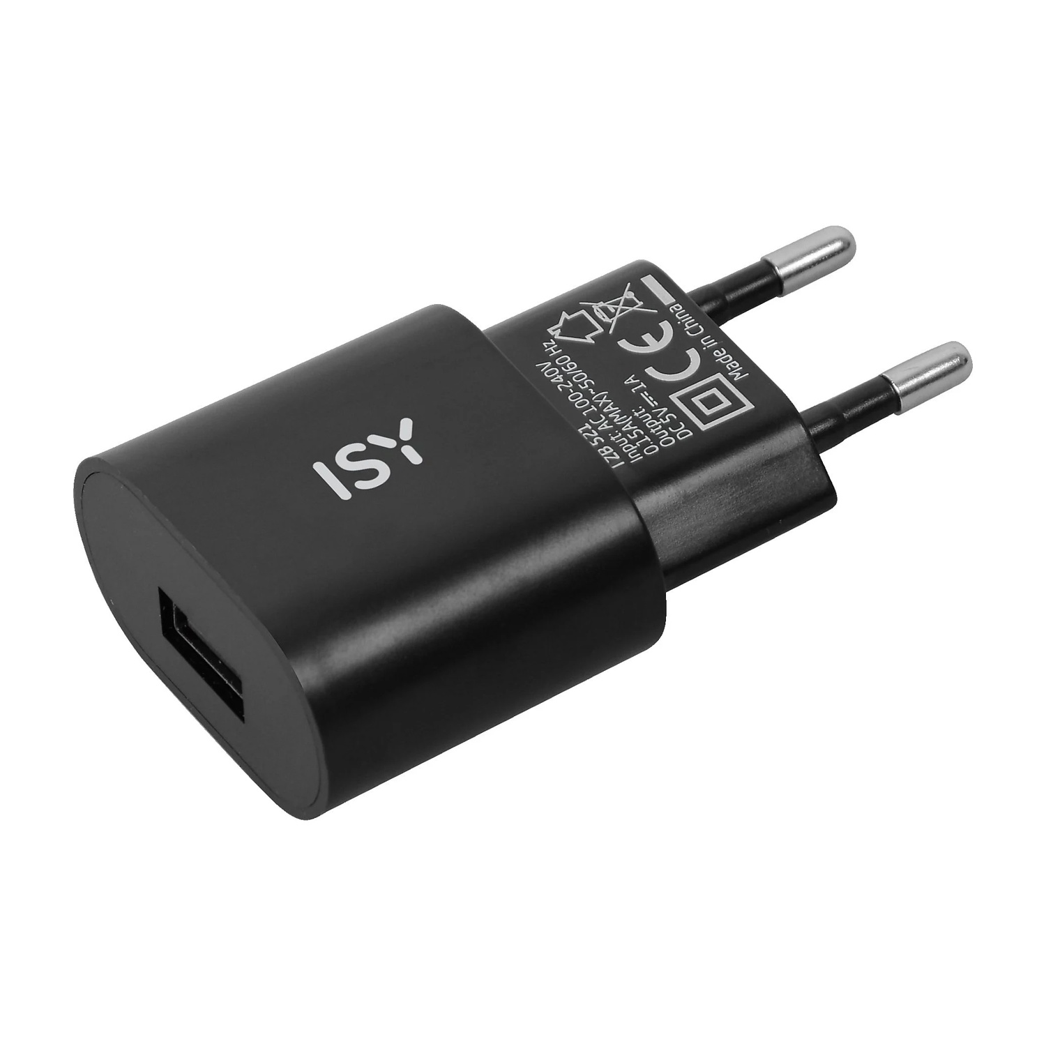 Un caricabatterie USB ISY nero con spine argentate. Il caricabatterie ha una porta USB e un testo che indica le sue specifiche.