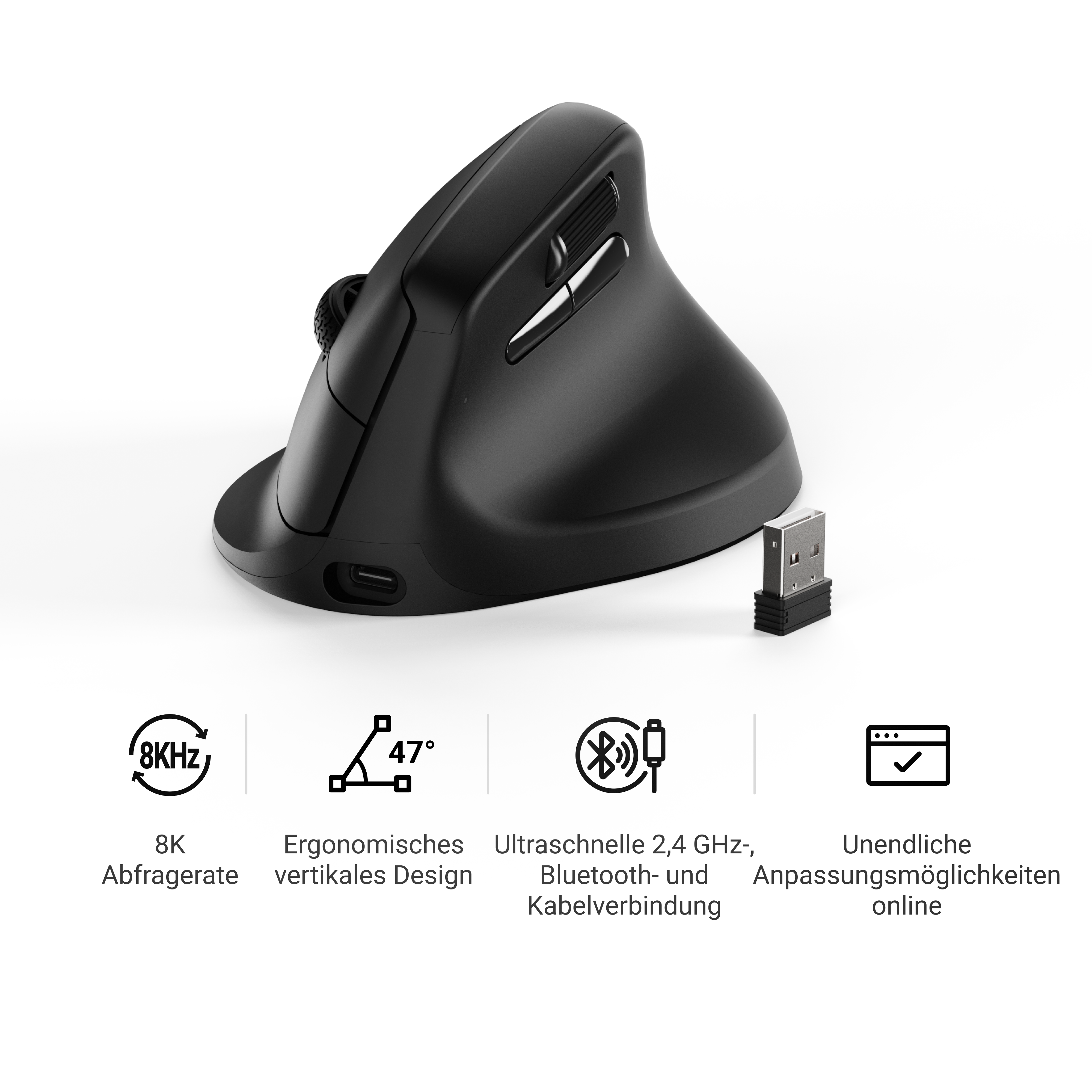 Eine schwarze, vertikale ergonomische Maus mit USB-Empfänger. Eigenschaften: 8K-Polling-Rate und Bluetooth-Konnektivität.