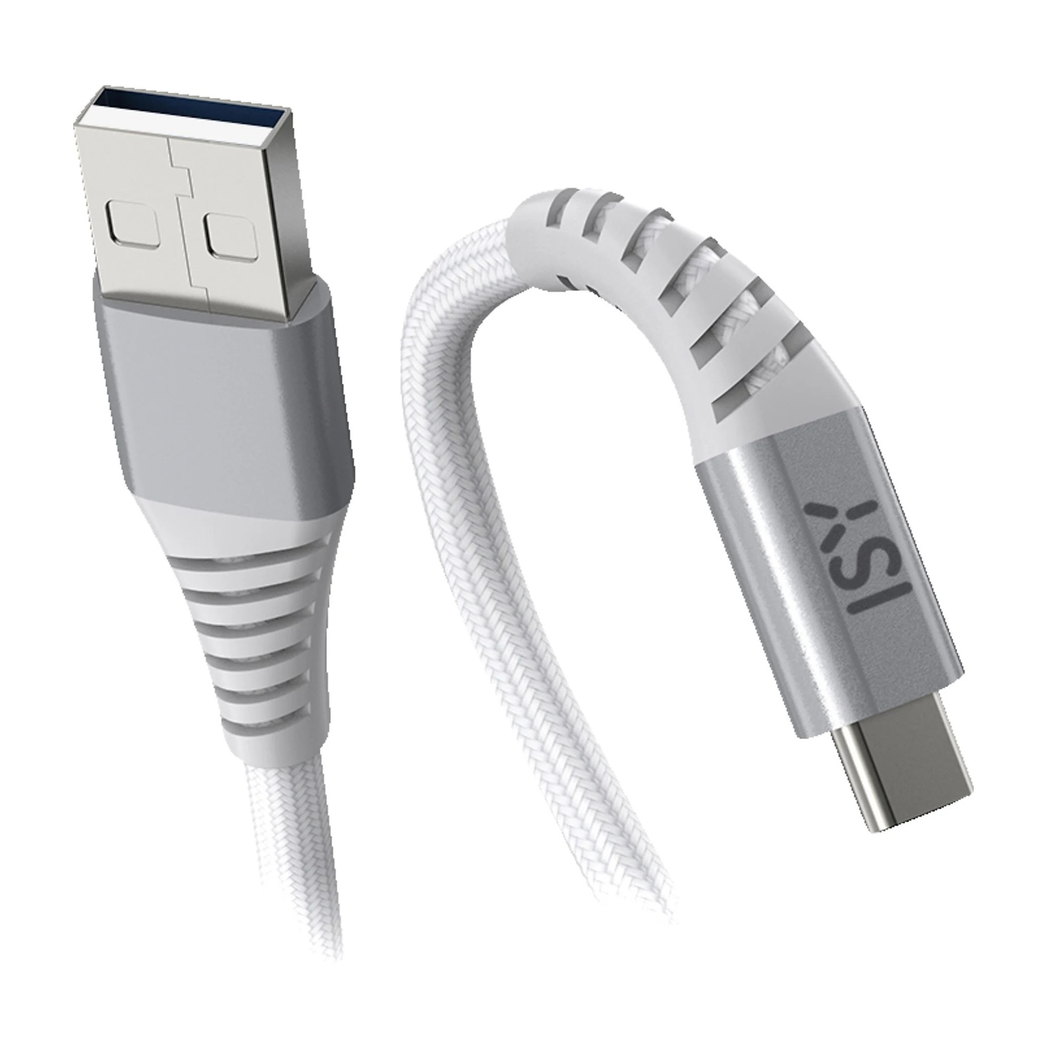 Un cavo USB bianco con connettori argentati. Un'estremità è USB-A, l'altra è USB-C. Il cavo ha un design intrecciato.