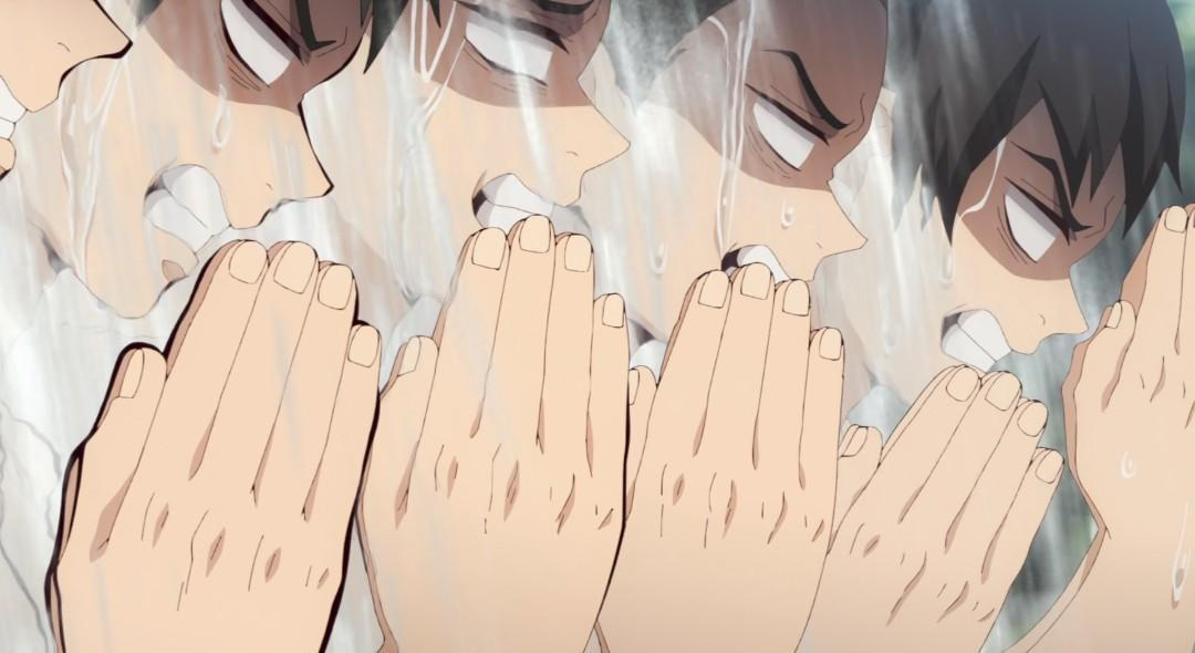 Anime-Szene einer Person mit zusammengebissenen Zähnen, gefalteten Händen. Regeneffekt. Dunkle Haare, weißes Hemd. Intensiver Ausdruck.