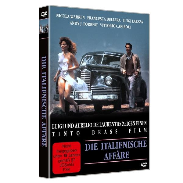 DVD-Cover. Eine Frau und ein Mann in der Nähe eines Oldtimers. Text lautet 'Die Italienische Affäre', und Namen von Schauspielern und Regisseur.