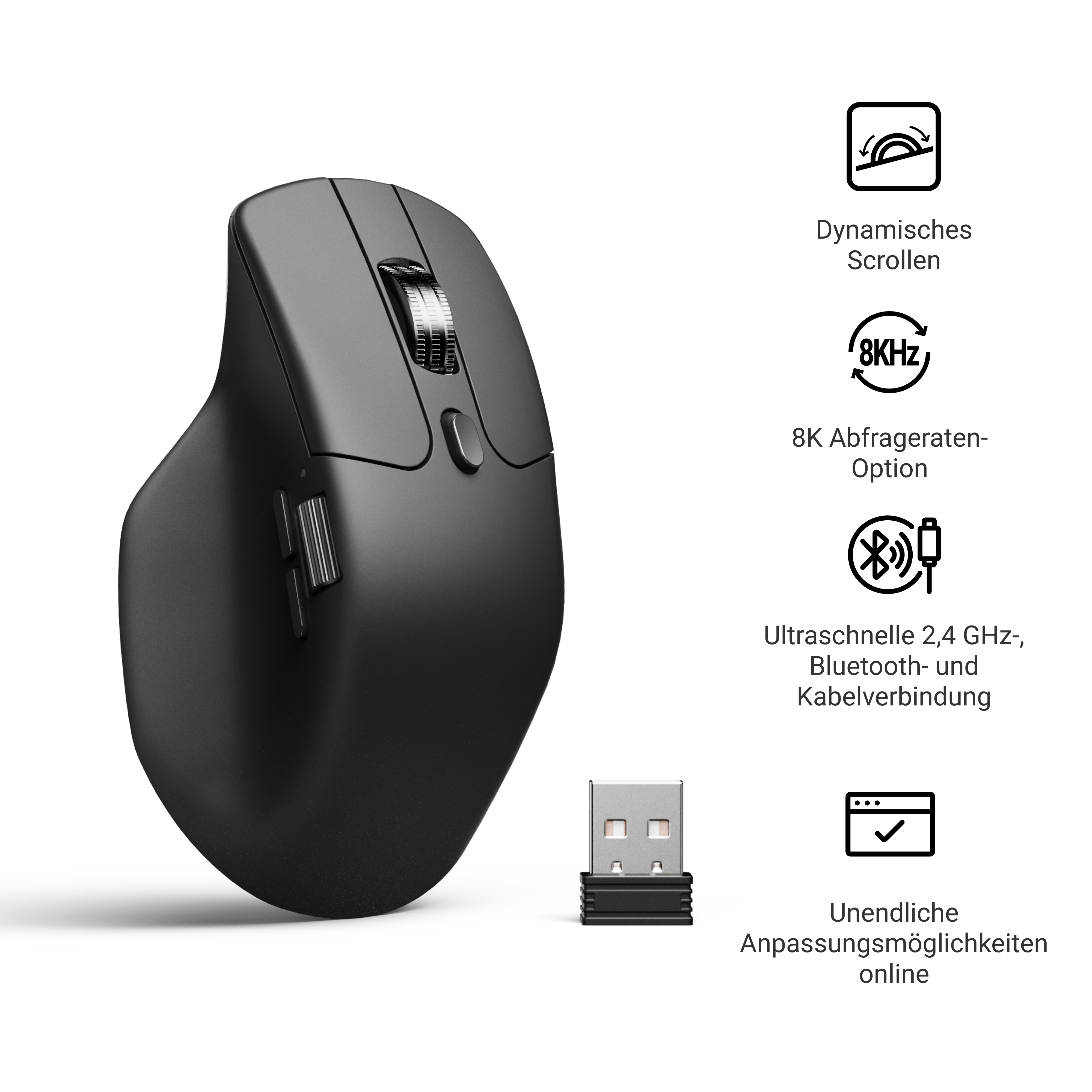 Schwarze ergonomische Maus mit Scrollrad und USB-Empfänger. Funktionen: Bluetooth und drahtlose Verbindung.