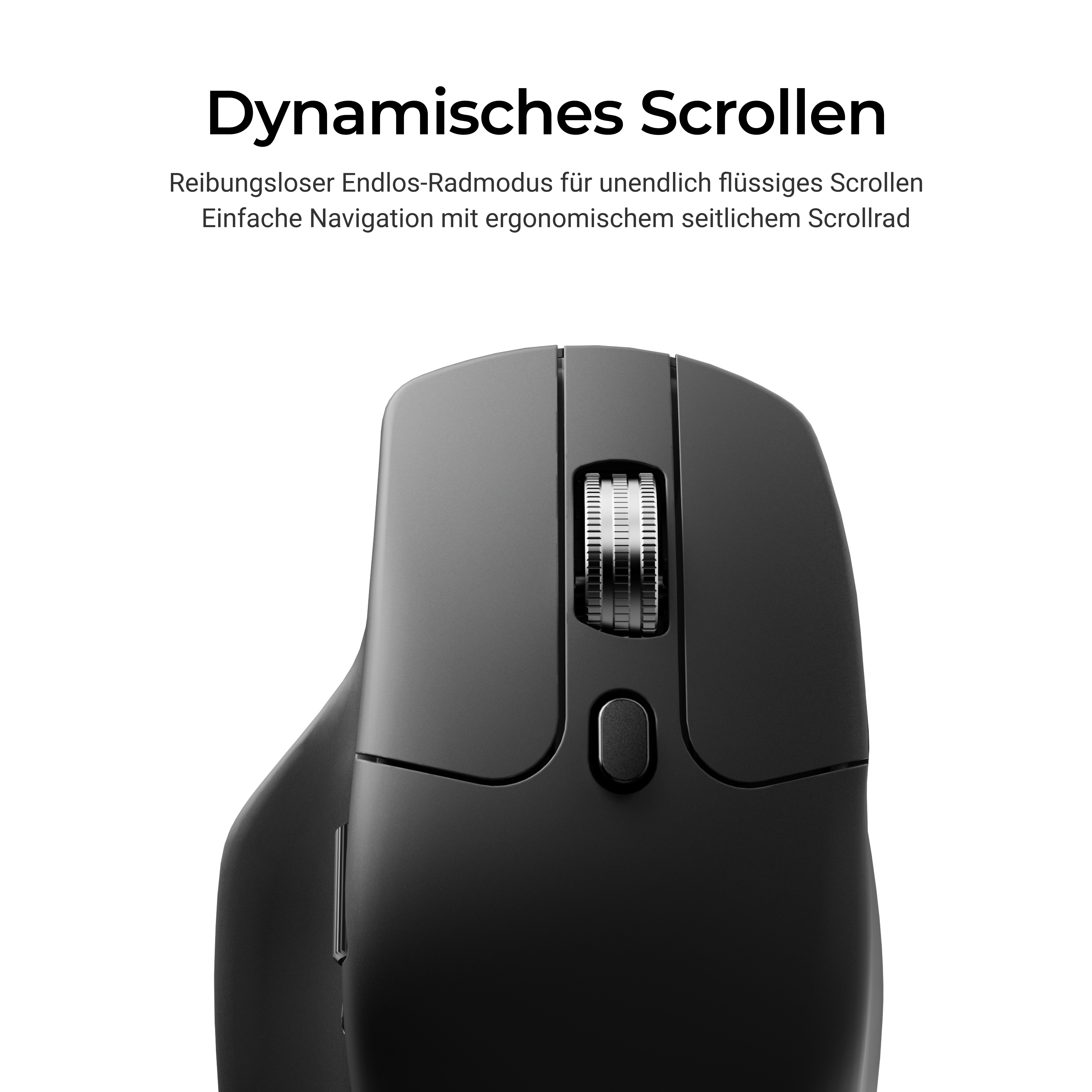 Nahaufnahme einer schwarzen Computermaus mit Scrollrad und Taste. Text oben besagt dynamisches Scrollen.