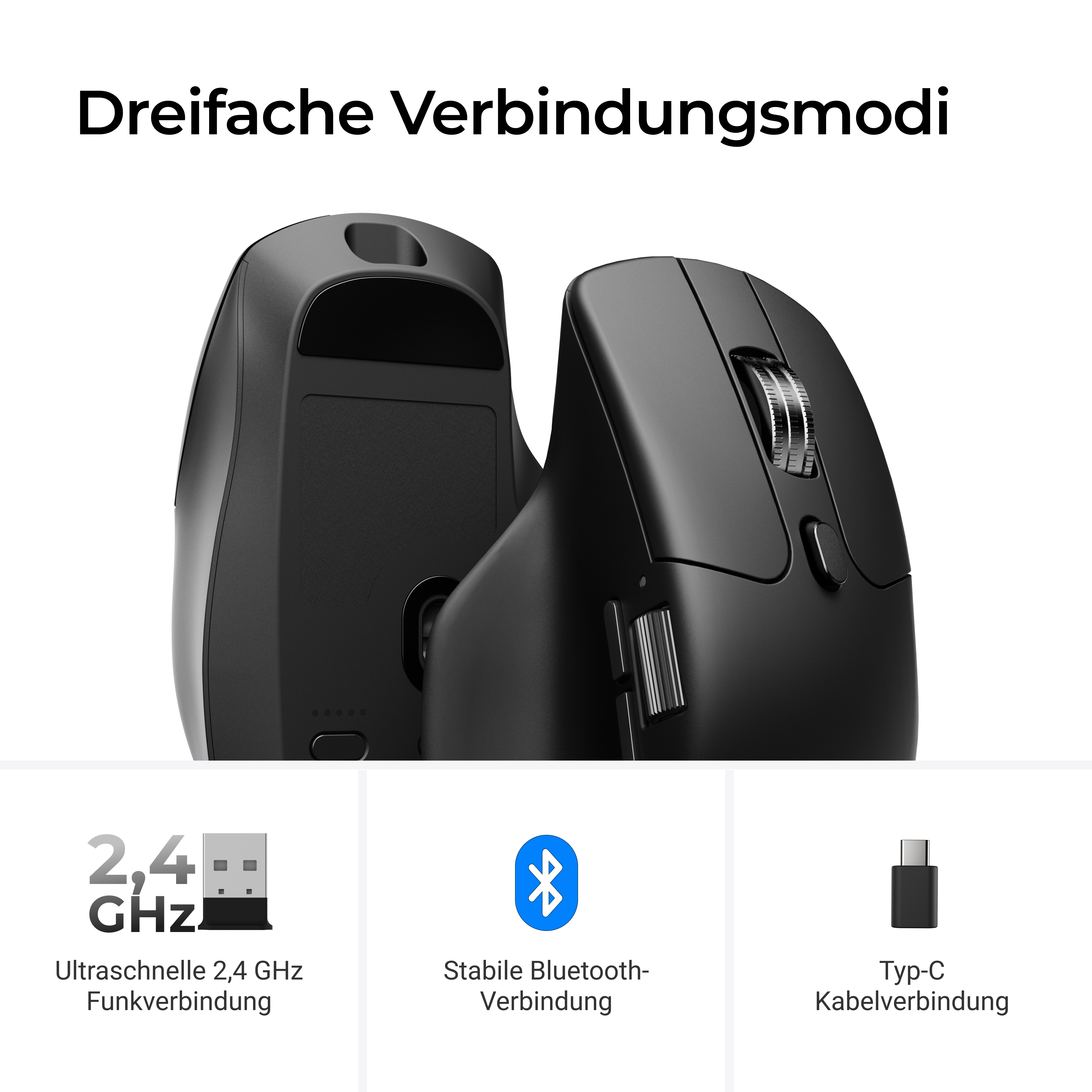 Das Bild zeigt drei schwarze ergonomische Mäuse mit Verbindungsoptionen: 2,4 GHz, Bluetooth und Typ-C-Kabel.