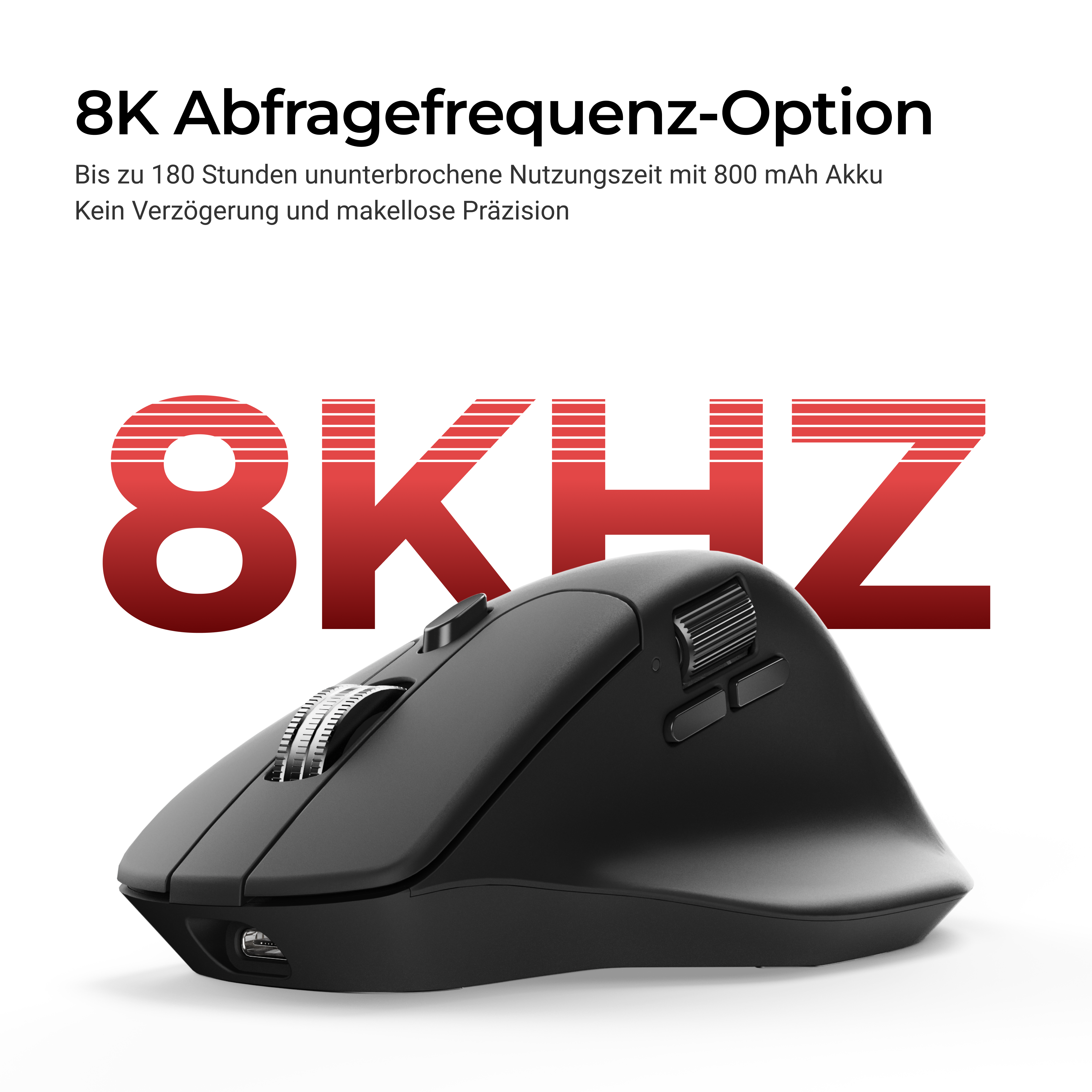 Schwarze ergonomische Maus mit Text '8KHz' und Produktspezifikationen auf weißem Hintergrund.