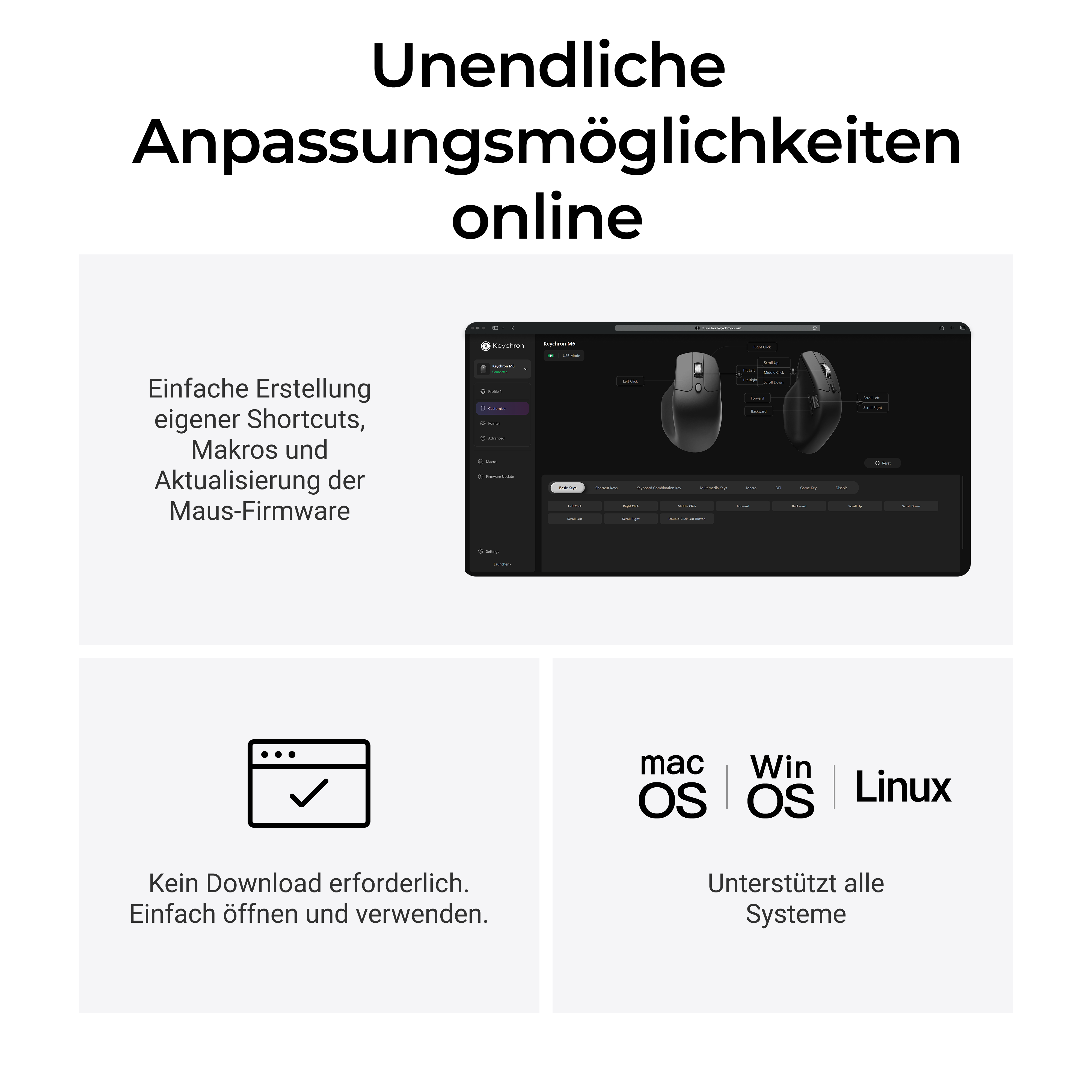 Das Bild zeigt eine Maus-Anpassungsoberfläche. Text enthält OS-Unterstützung und Software-Funktionen.