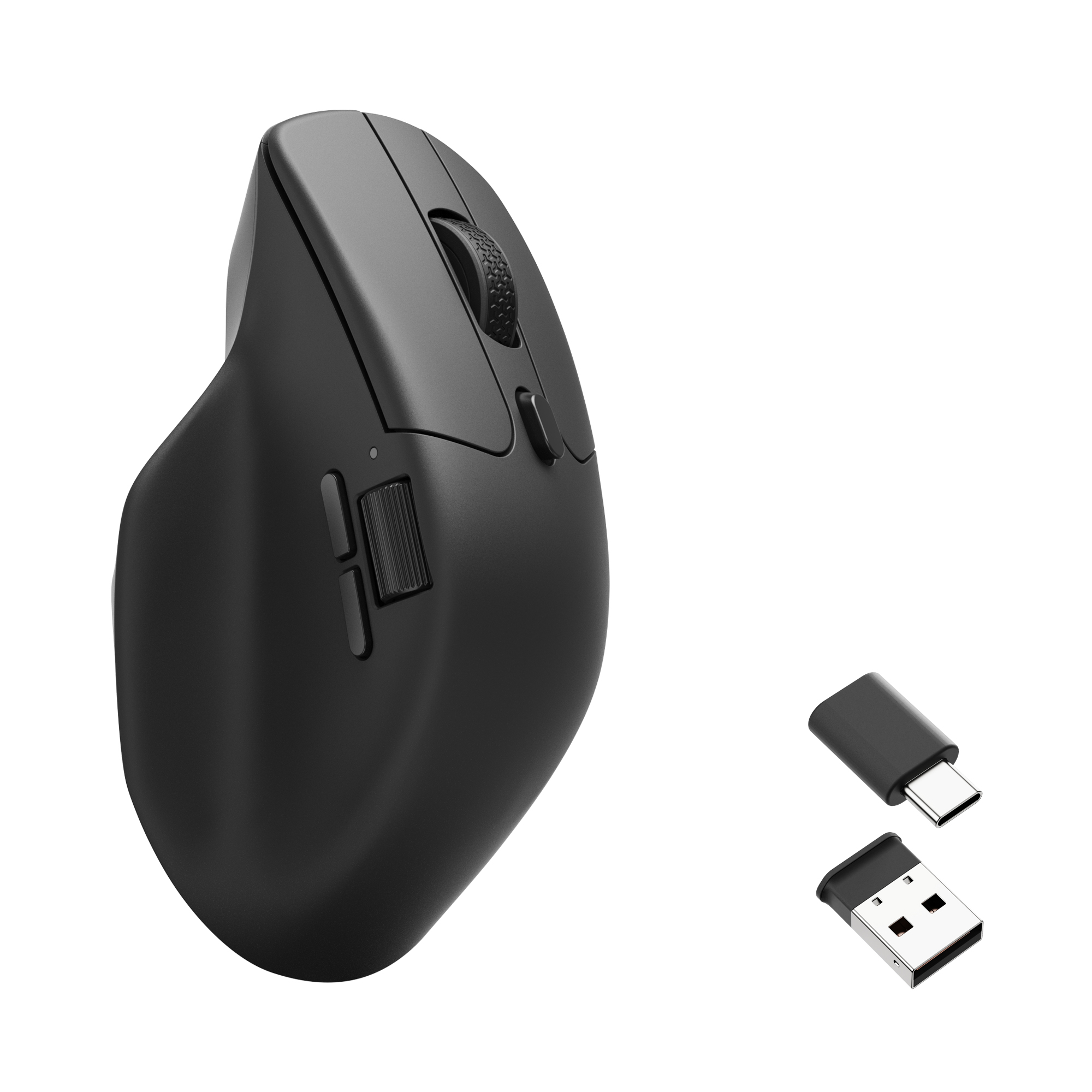 Schwarze ergonomische Maus mit Scrollrad und Tasten. USB-C- und USB-Empfänger sind enthalten. Weißer Hintergrund.