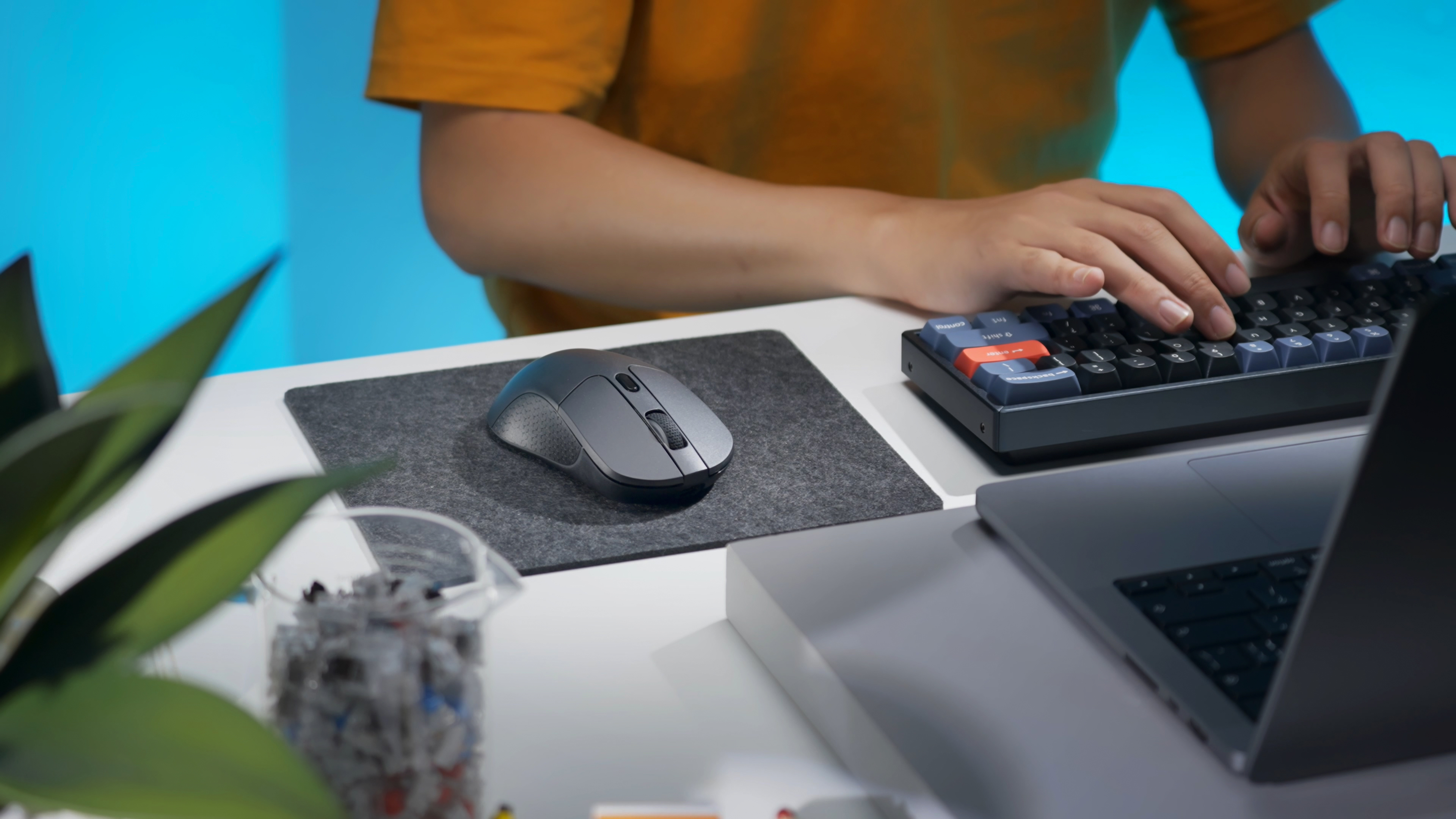 Eine Person tippt auf einer Tastatur. Eine Maus und ein Laptop liegen auf dem Tisch. Der Hintergrund ist hellblau.