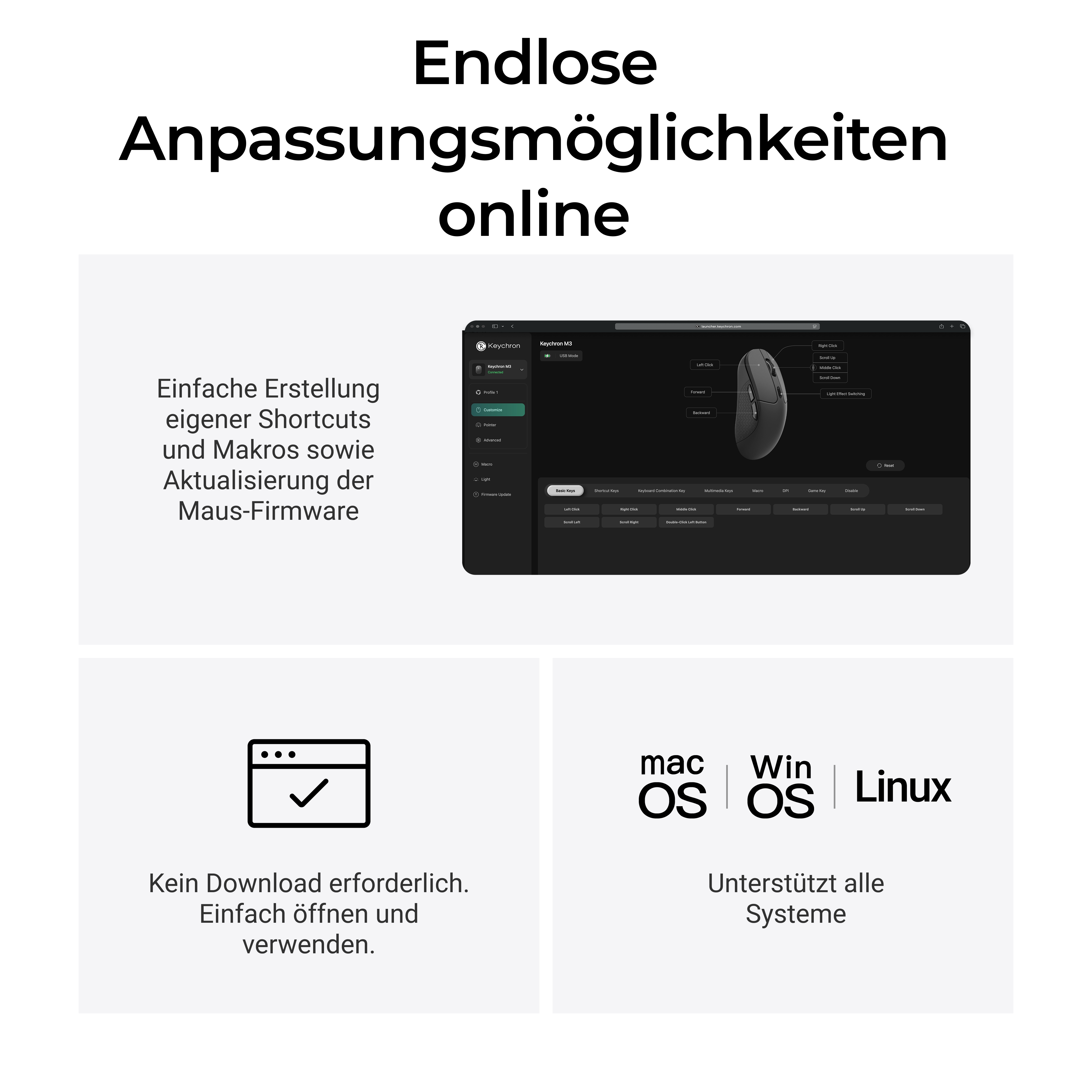 Bild mit Text über Keychron M3-Maus. Funktionen umfassen Shortcuts, Makros und Firmware-Updates. Unterstützt von verschiedenen Betriebssystemen.