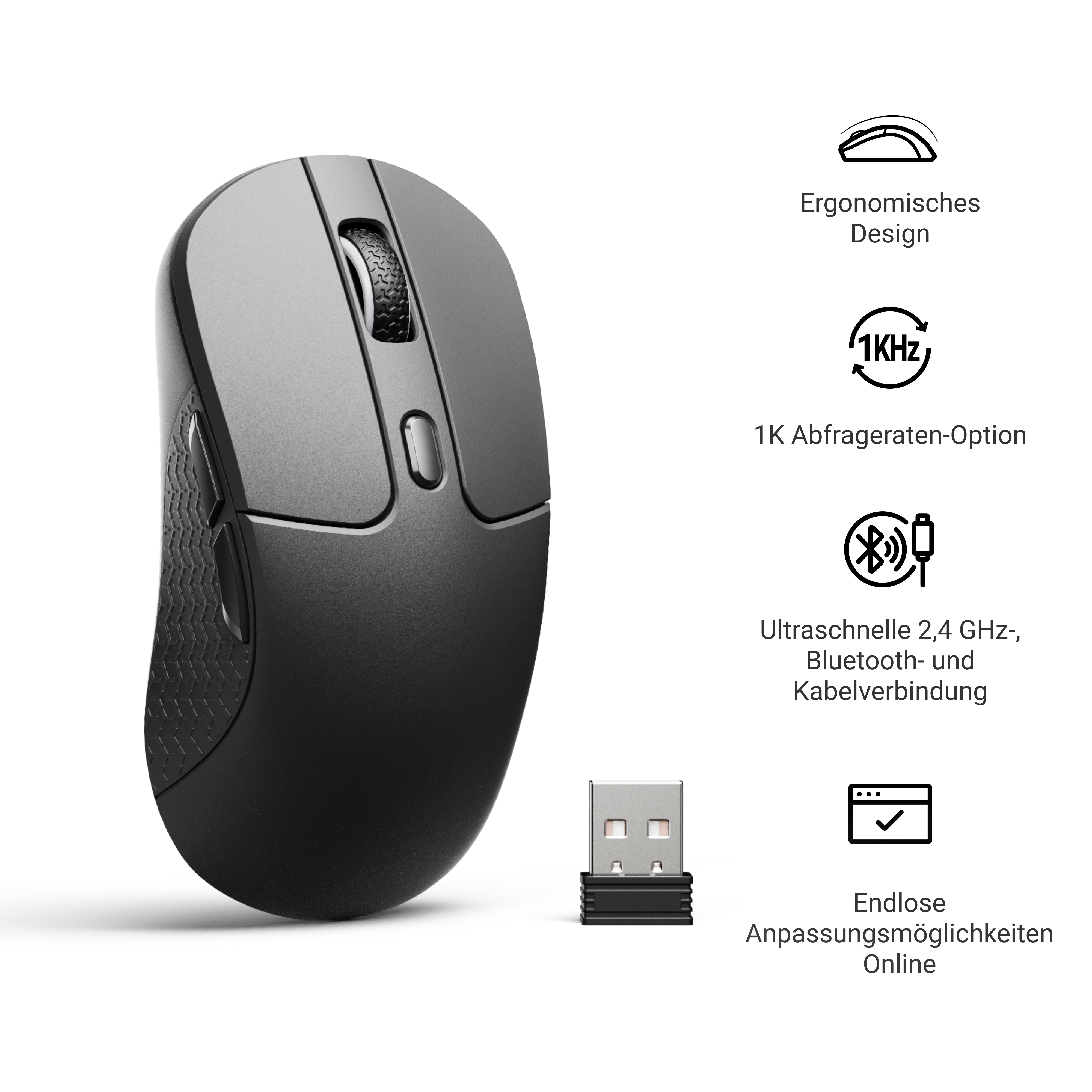 Eine schwarze Computermaus mit USB-Empfänger. Zu den Merkmalen gehören ergonomisches Design und kabellose Konnektivität.