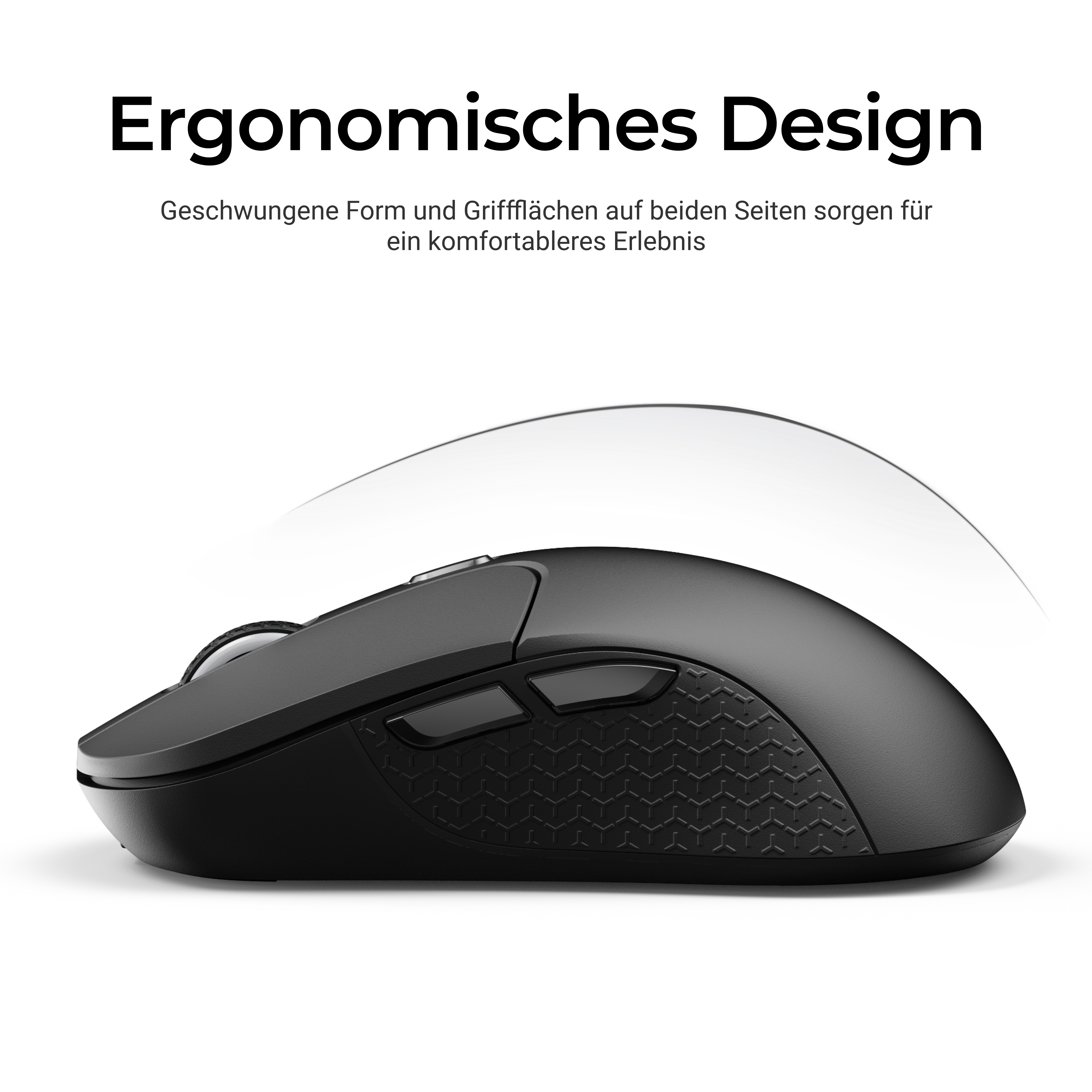 Schwarze ergonomische Maus mit Text 'Ergonomisches Design'. Geschwungene Form und Griffflächen für Komfort.
