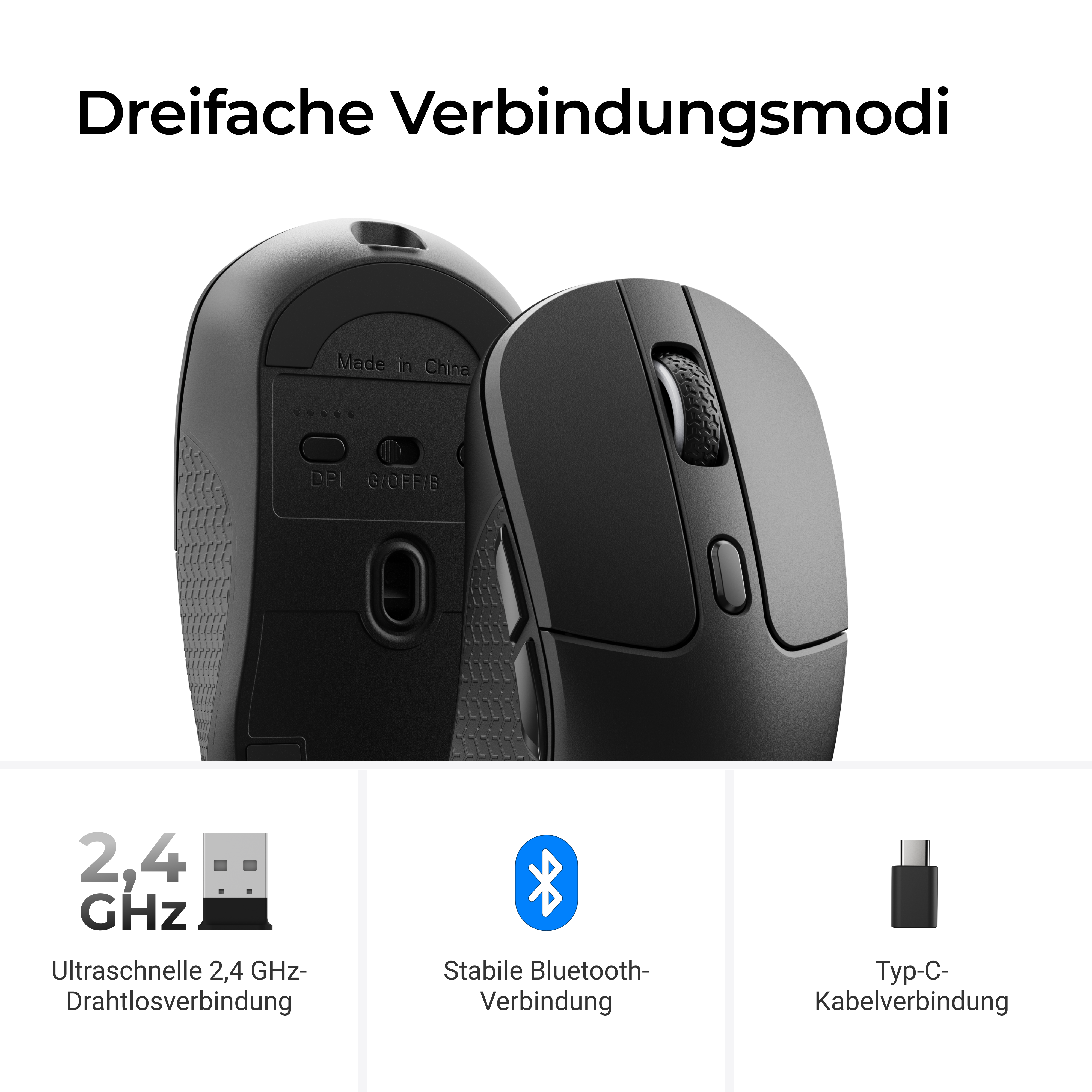 Das Bild zeigt zwei schwarze Computermäuse. Es zeigt auch Verbindungstypen: 2,4 GHz, Bluetooth und Typ-C-Kabel.