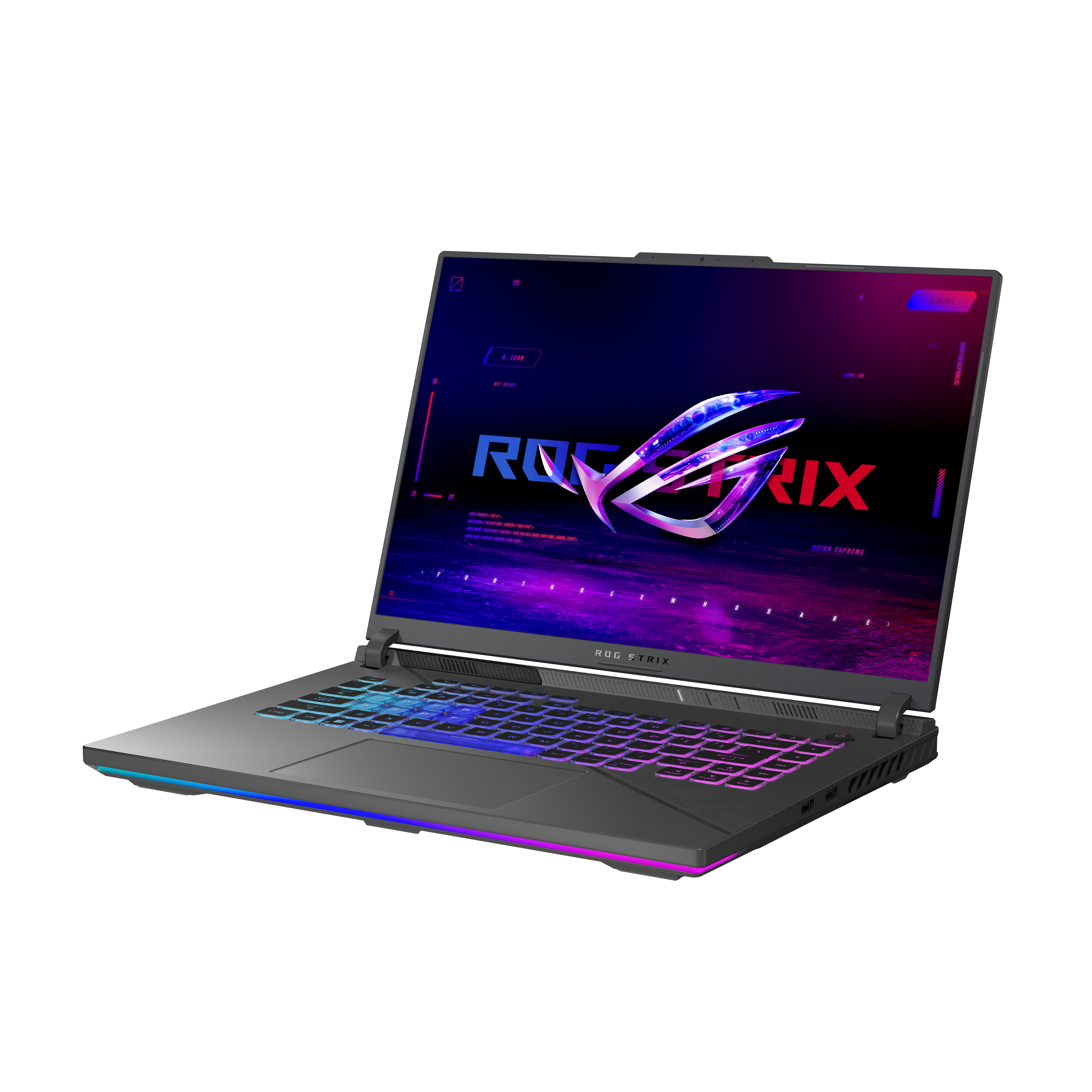 Een laptop met een kleurrijk scherm met het ROG Strix-logo. Het toetsenbord is verlicht met meerdere kleuren. Zwarte achtergrond.