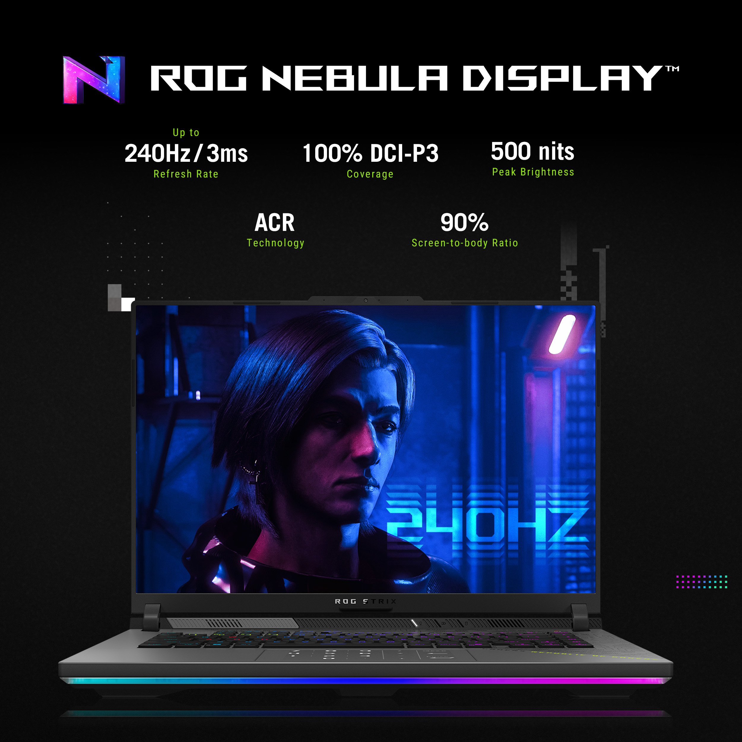 Een laptop met een scherm waarop een persoon te zien is. Het scherm toont '240Hz'. Specificaties: 240Hz/3ms refresh, 100% DCI-P3, 500 nits en 90% schermverhouding.