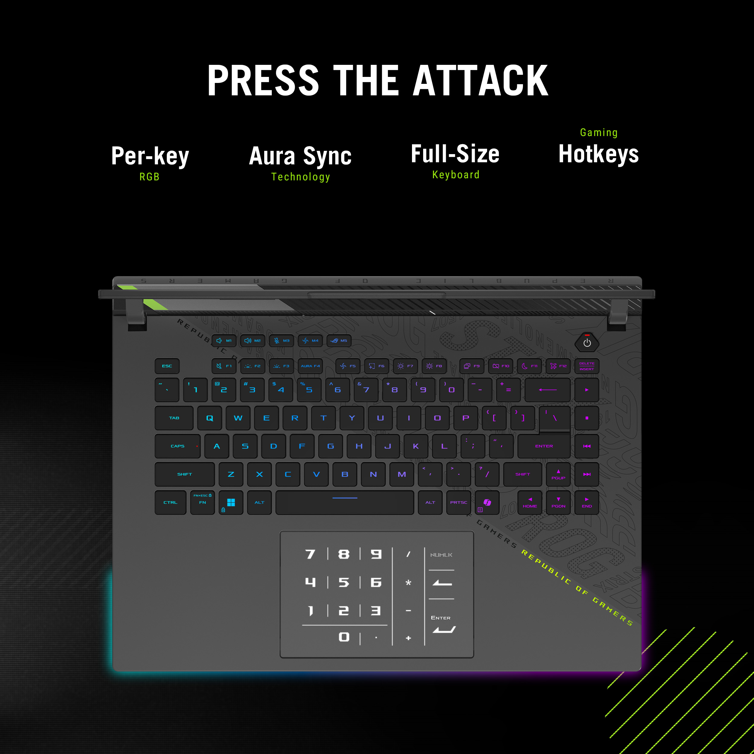 Laptoptoetsenbord met RGB-toetsen en numeriek toetsenbord. Zwarte achtergrond met tekst: Press the Attack, Gaming Hotkeys.