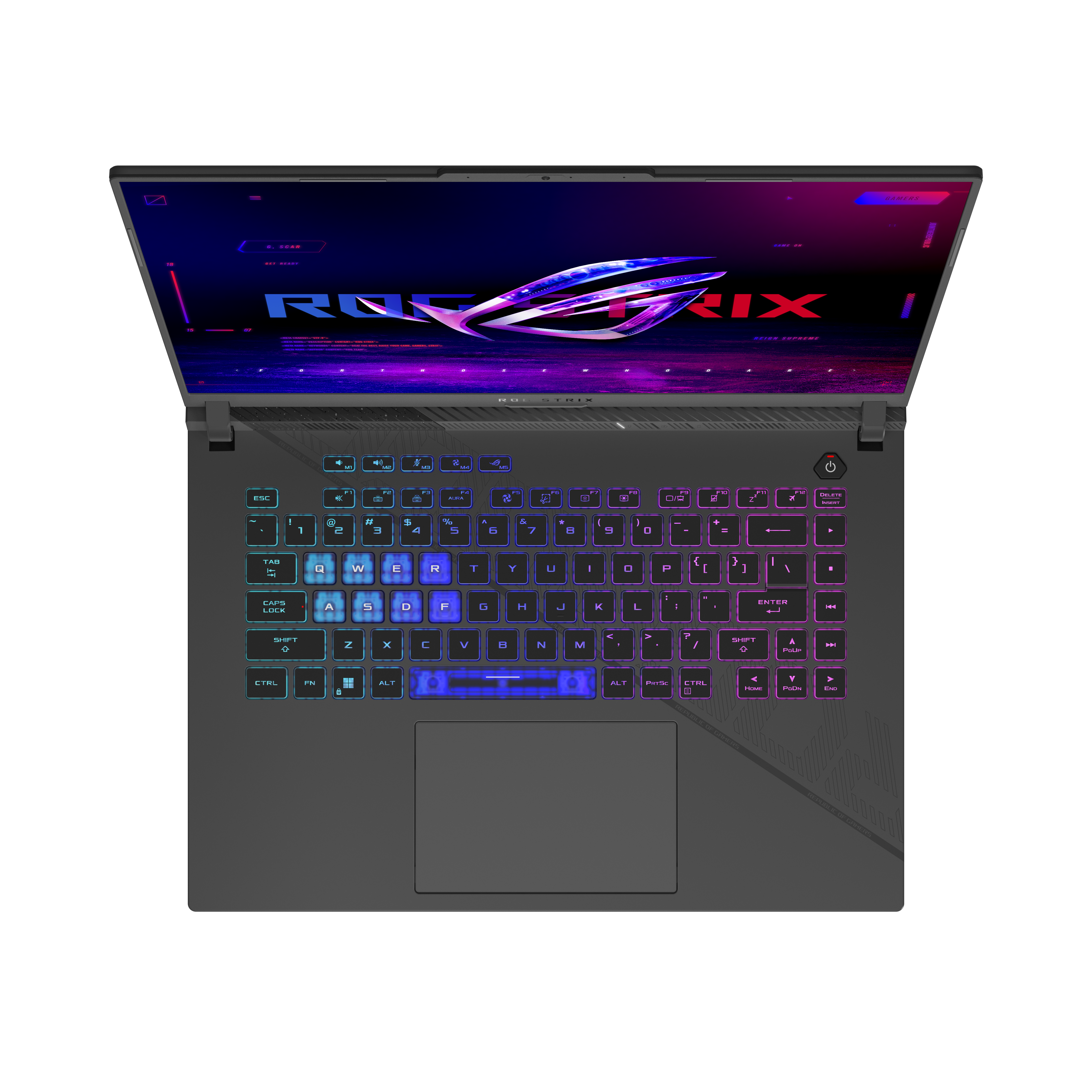 Laptop met verlicht toetsenbord. Scherm toont ROG-logo. Toetsenbord heeft gekleurde verlichting.