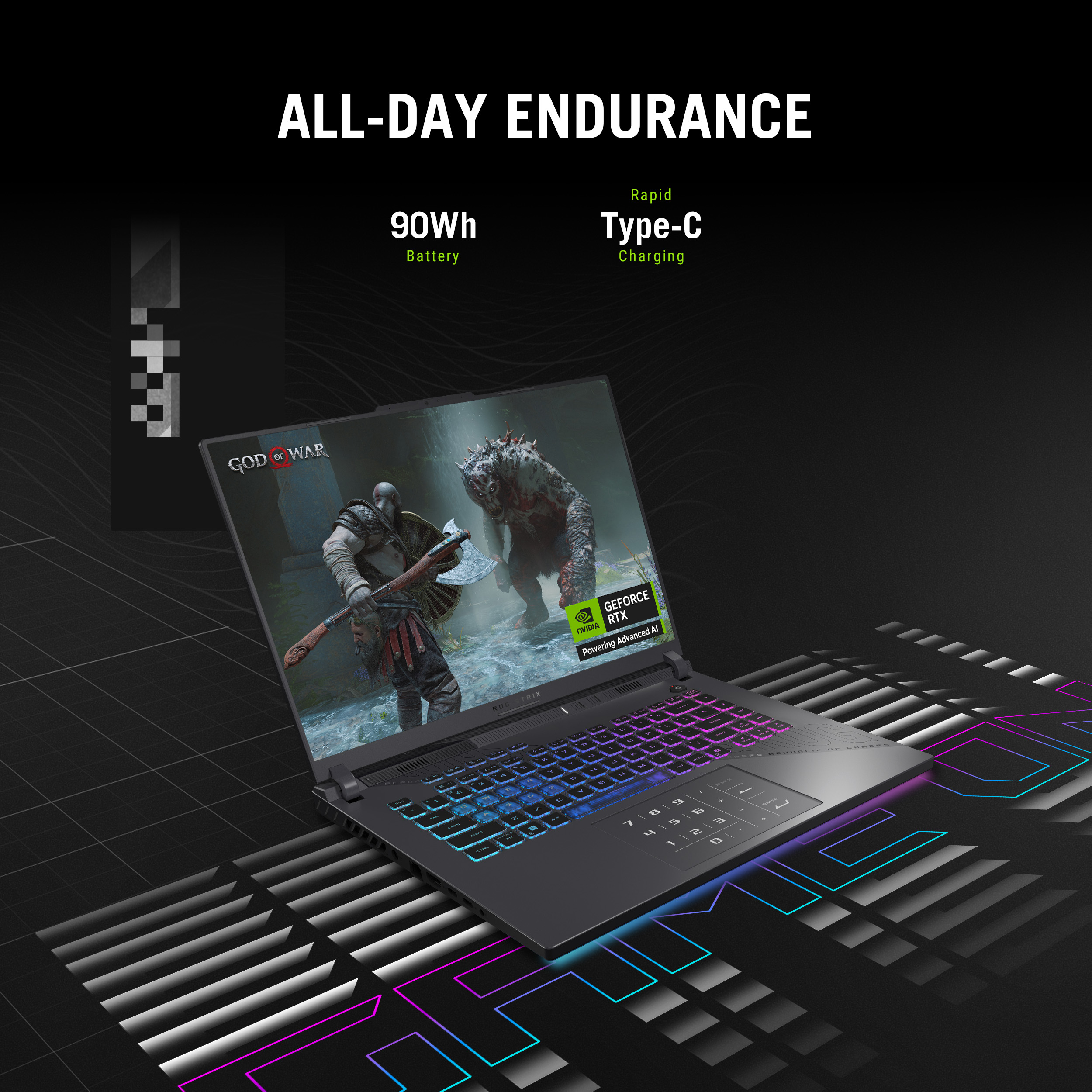 Een gaminglaptop met een verlicht toetsenbord toont een game-scène. Het heeft een GeForce RTX-sticker. Teksten luiden 'All-day endurance'.