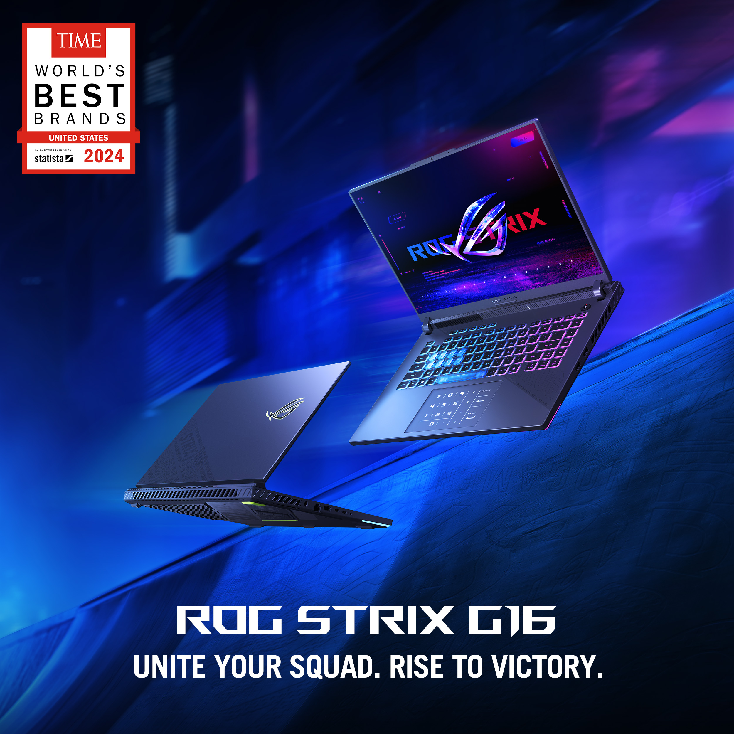 Twee ROG Strix G16 laptops worden getoond. De achtergrond is blauw met de tekst 'ROG STRIX G16'.