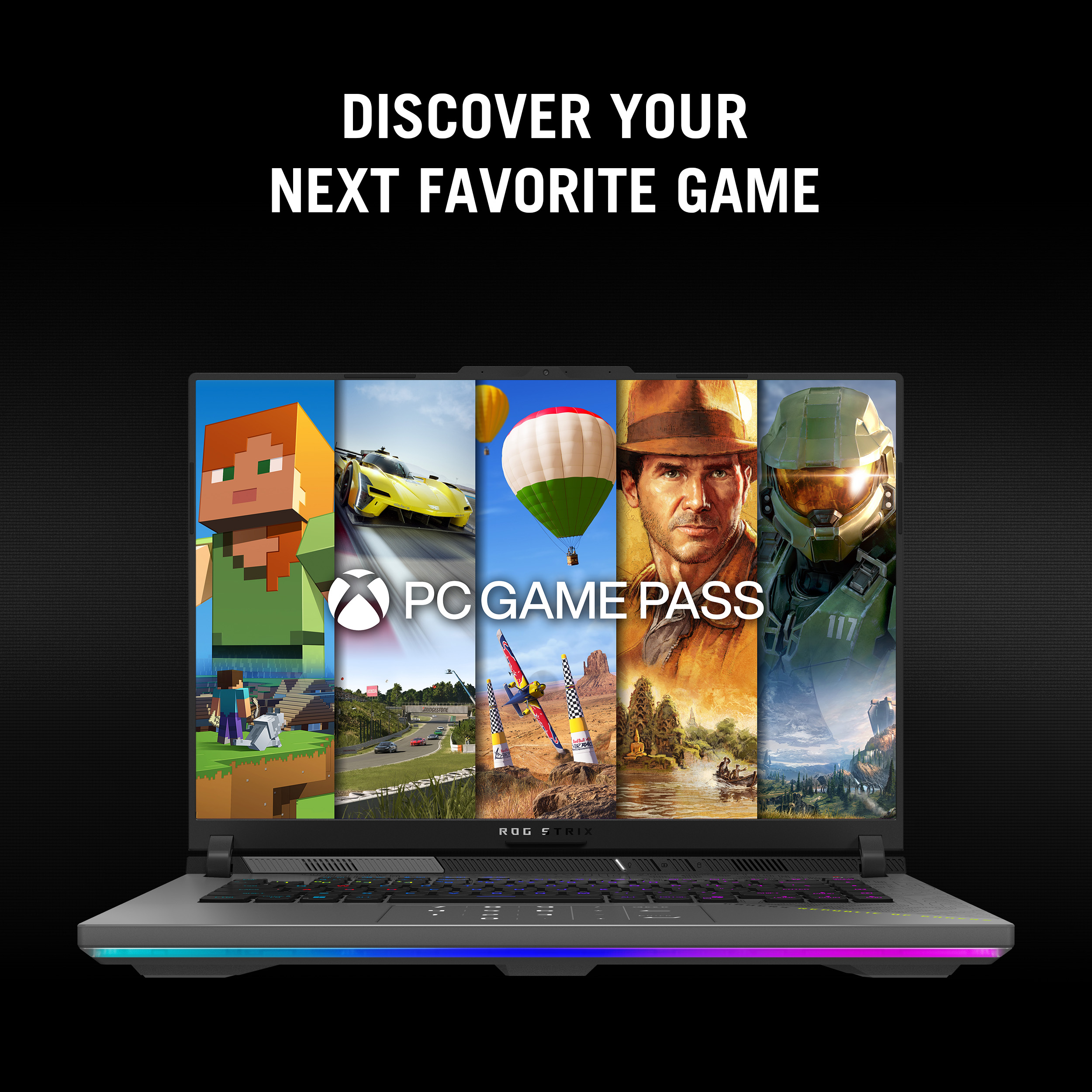 Laptop scherm met game-afbeeldingen, PC Game Pass logo. Tekst: Ontdek je volgende favoriete game.