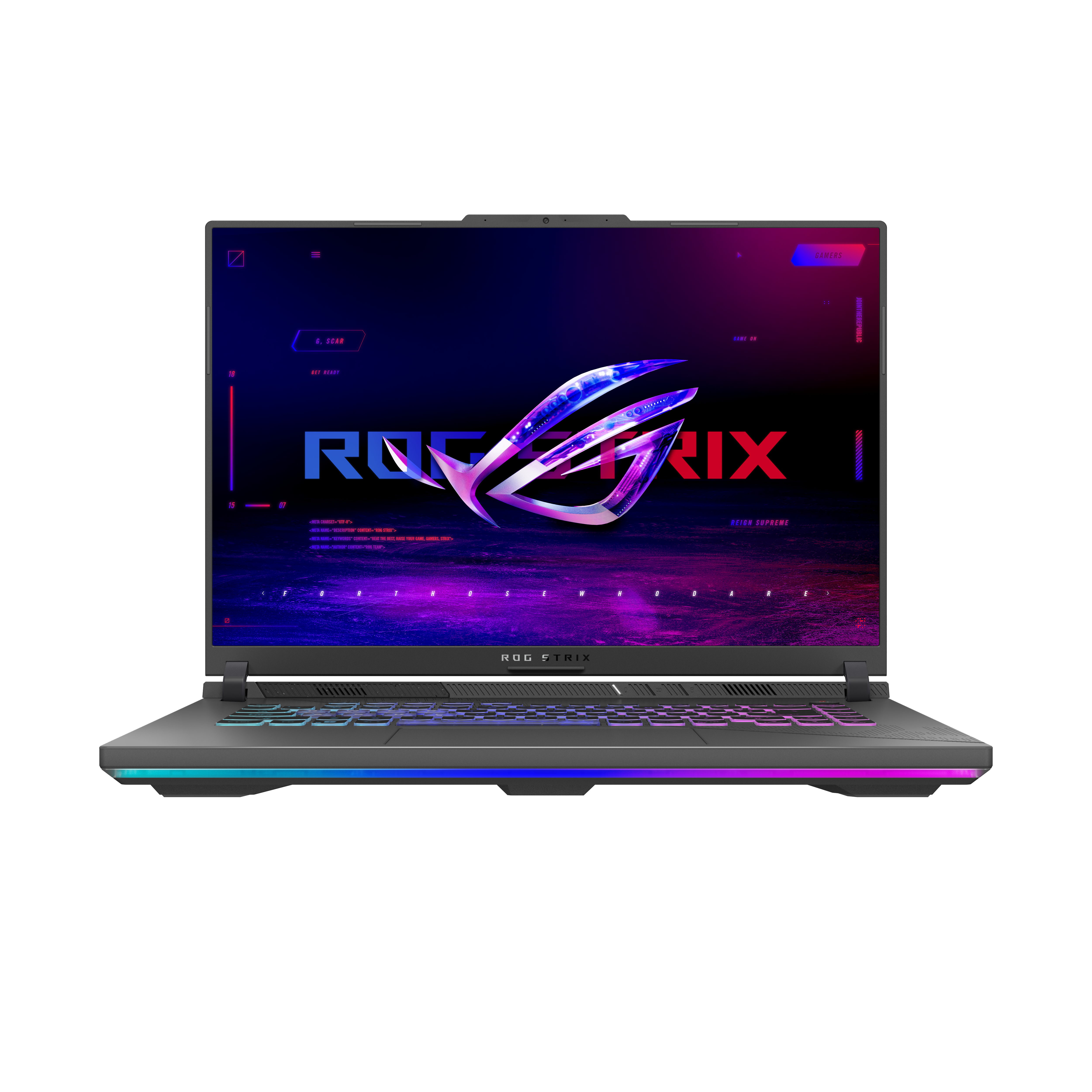 Een laptop met een verlicht toetsenbord en scherm met een logo. De achtergrond is zwart.