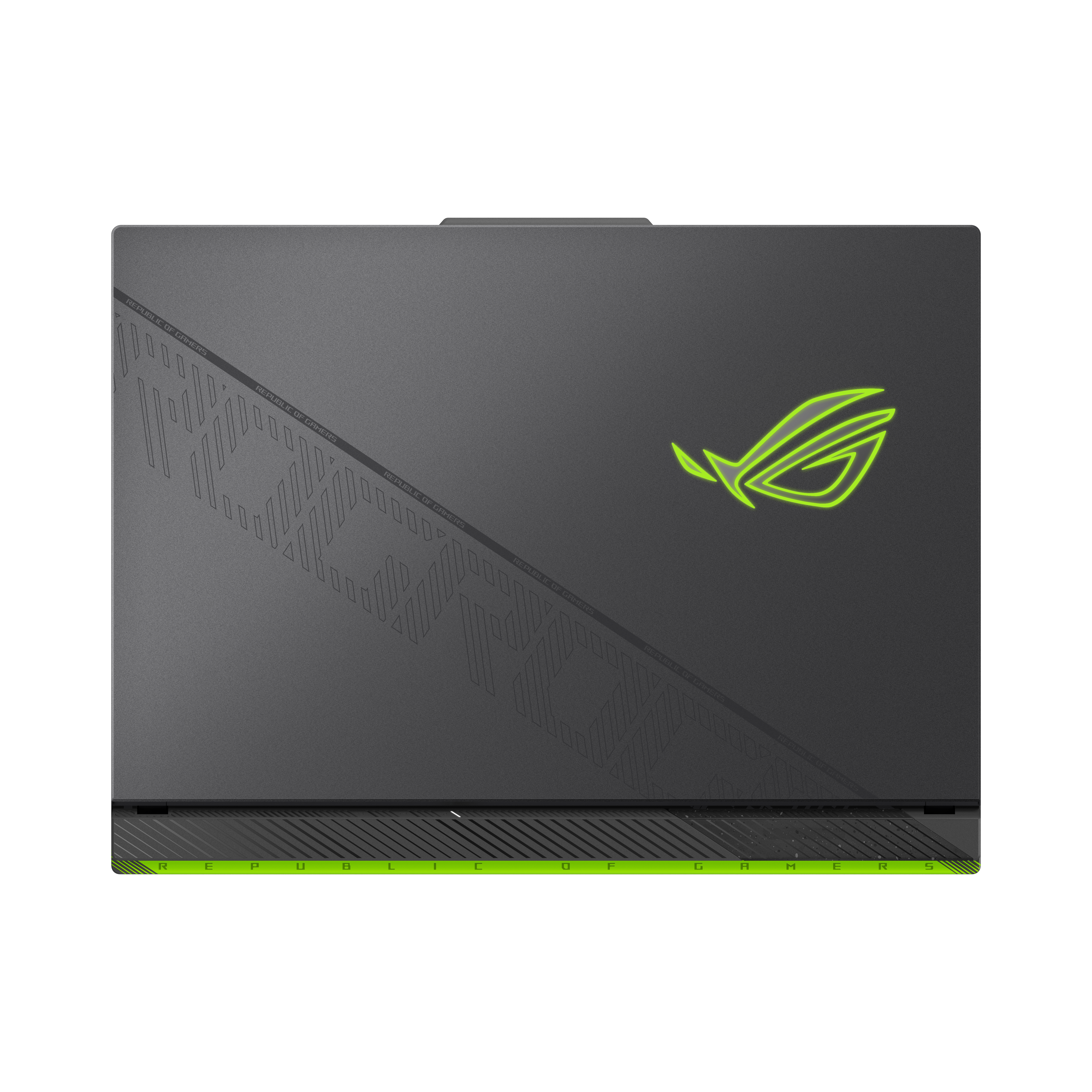 Bovenaanzicht van een grijze laptop met een neon groen logo en accenten. Tekst "REPUBLIC OF GAMERS" is zichtbaar.