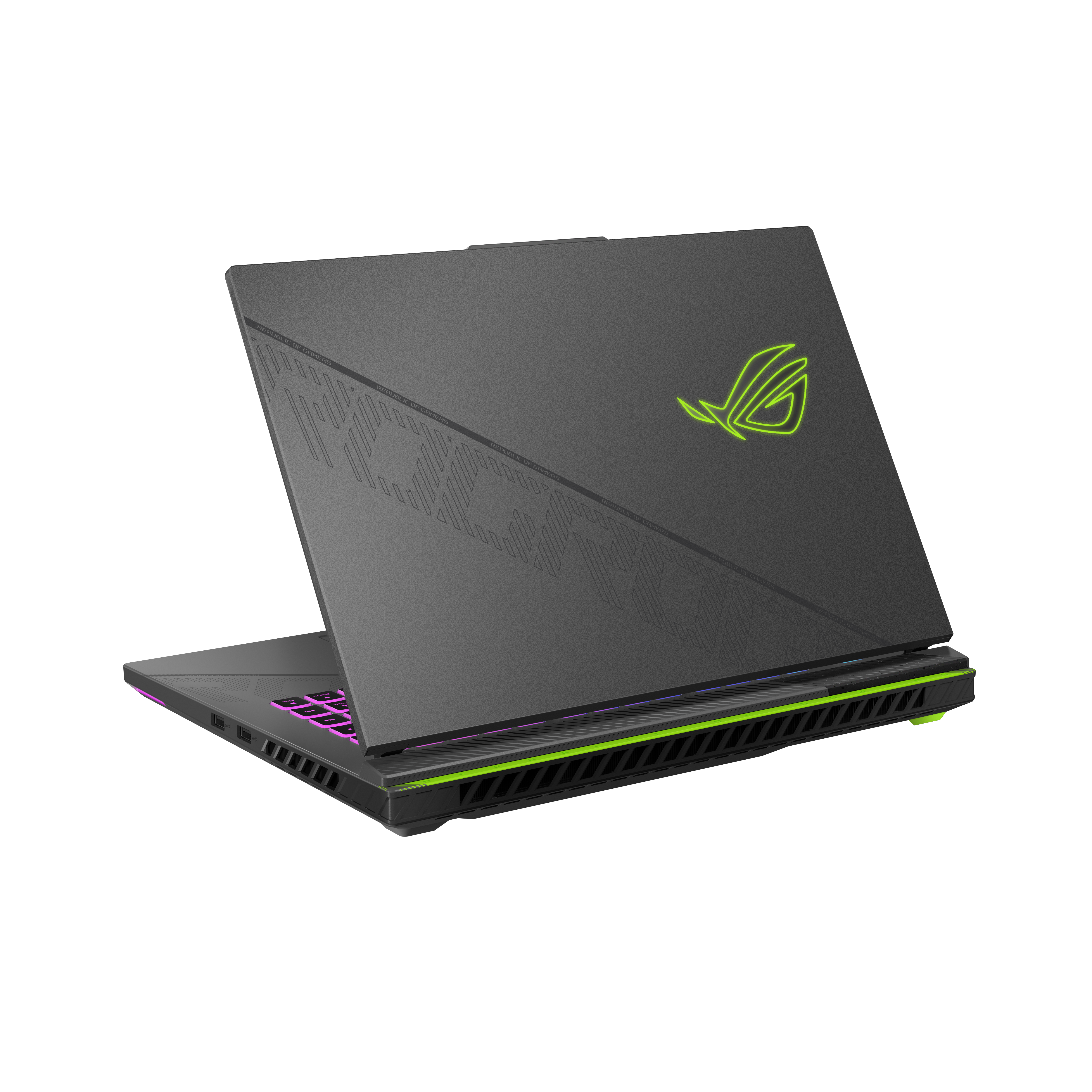 Een donkere laptop met een groen oplichtend logo. Het toetsenbord licht paars op en de rand heeft groen licht.