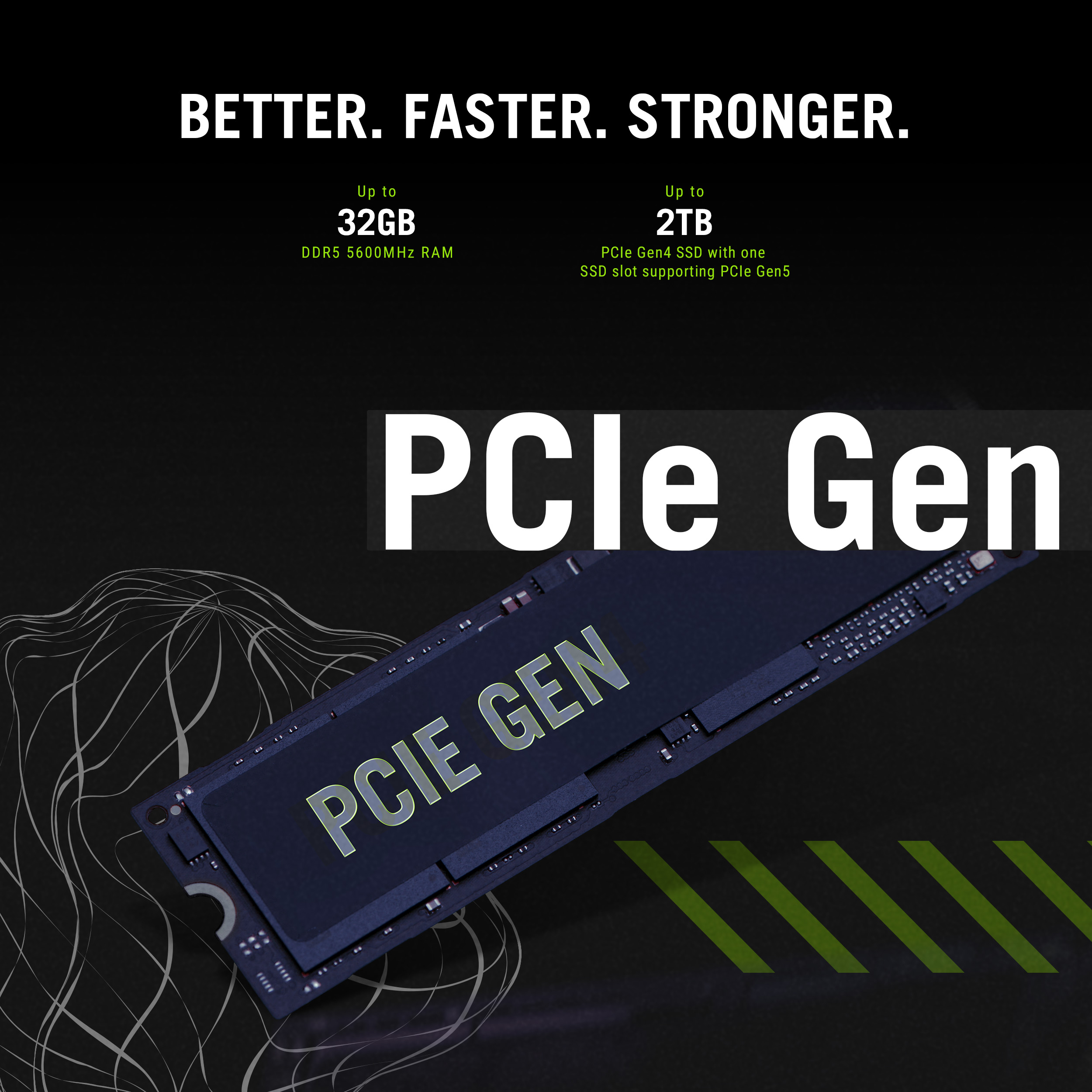 Afbeelding toont een zwarte SSD-kaart met de tekst 'PCIE GEN'. Het heeft groene en witte tekst op een zwarte achtergrond.
