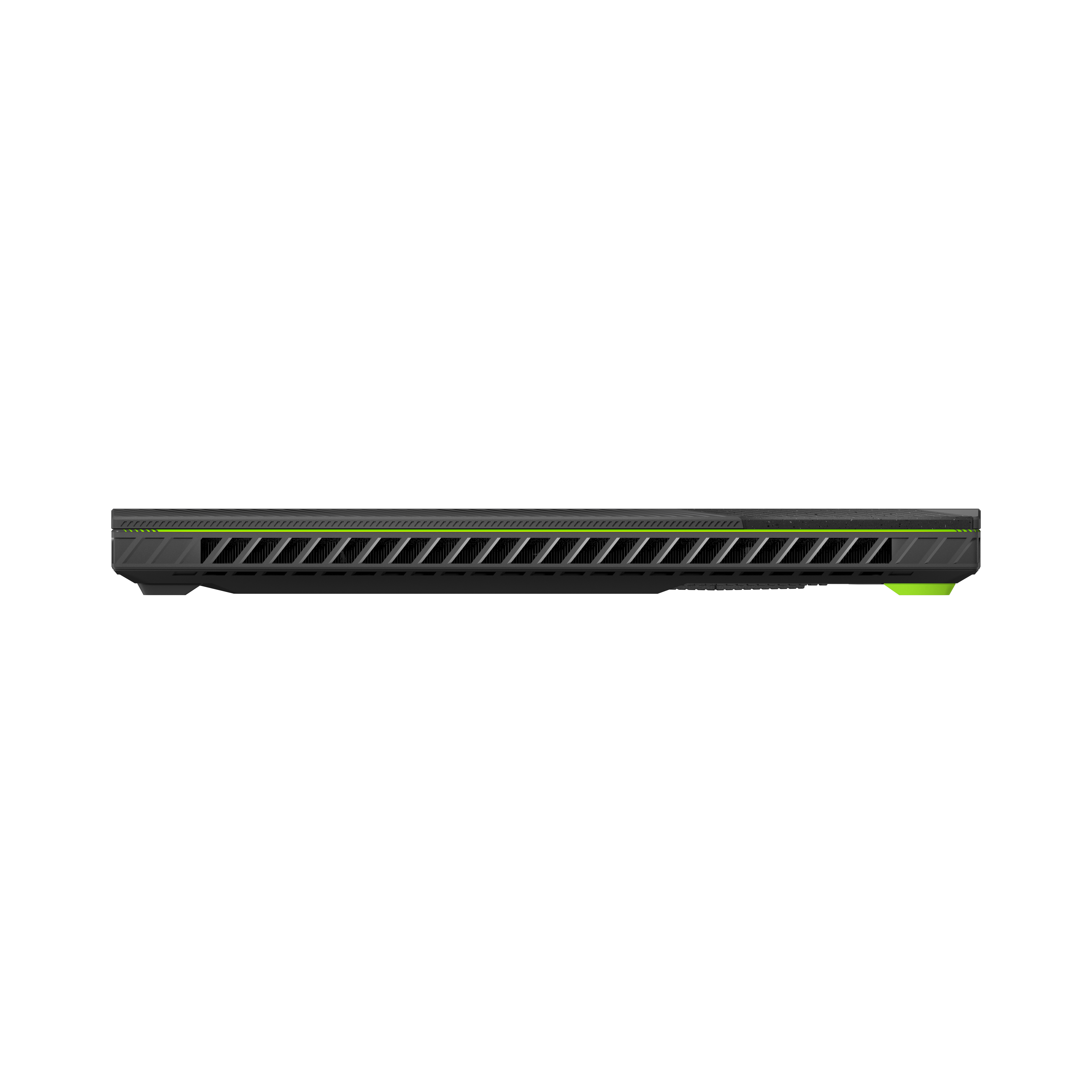 Zijaanzicht van een zwarte laptop met groene accenten. De onderkant heeft ventilatieopeningen, met een groen accent op de rand.