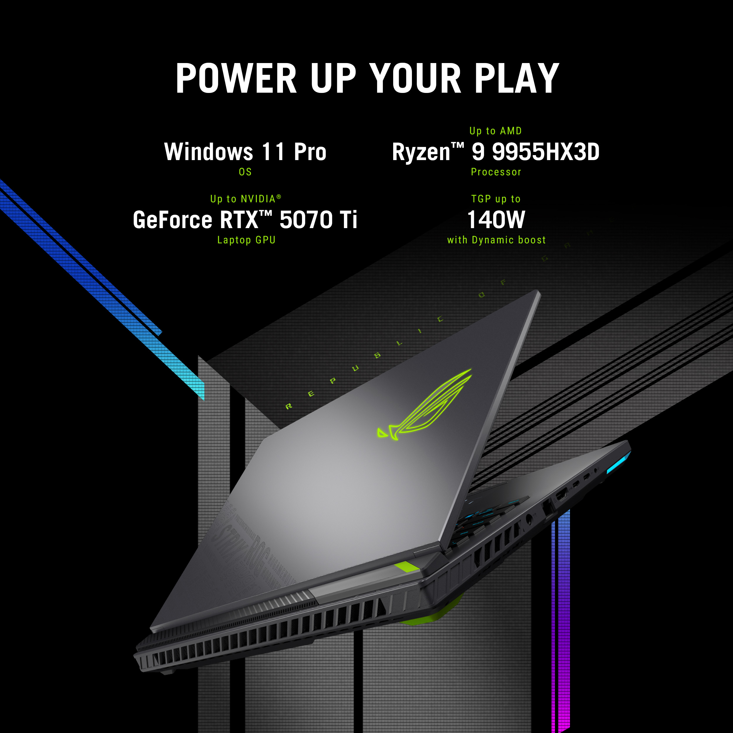 Een laptop met het ROG-logo, zwarte achtergrond en promotietekst over de functies, waaronder Windows 11 Pro.