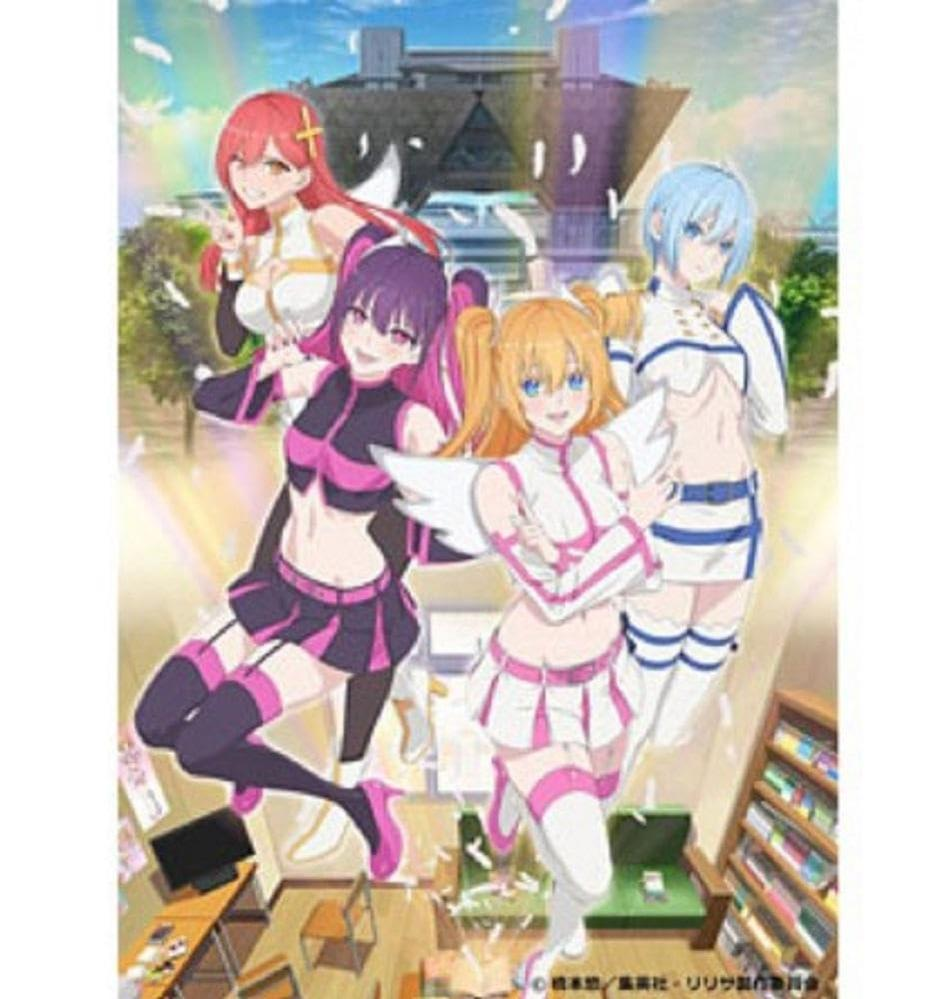 Anime-Bild von vier Mädchen. Sie tragen bunte Outfits vor dem Hintergrund eines Gebäudes und eines Zimmers mit Möbeln.