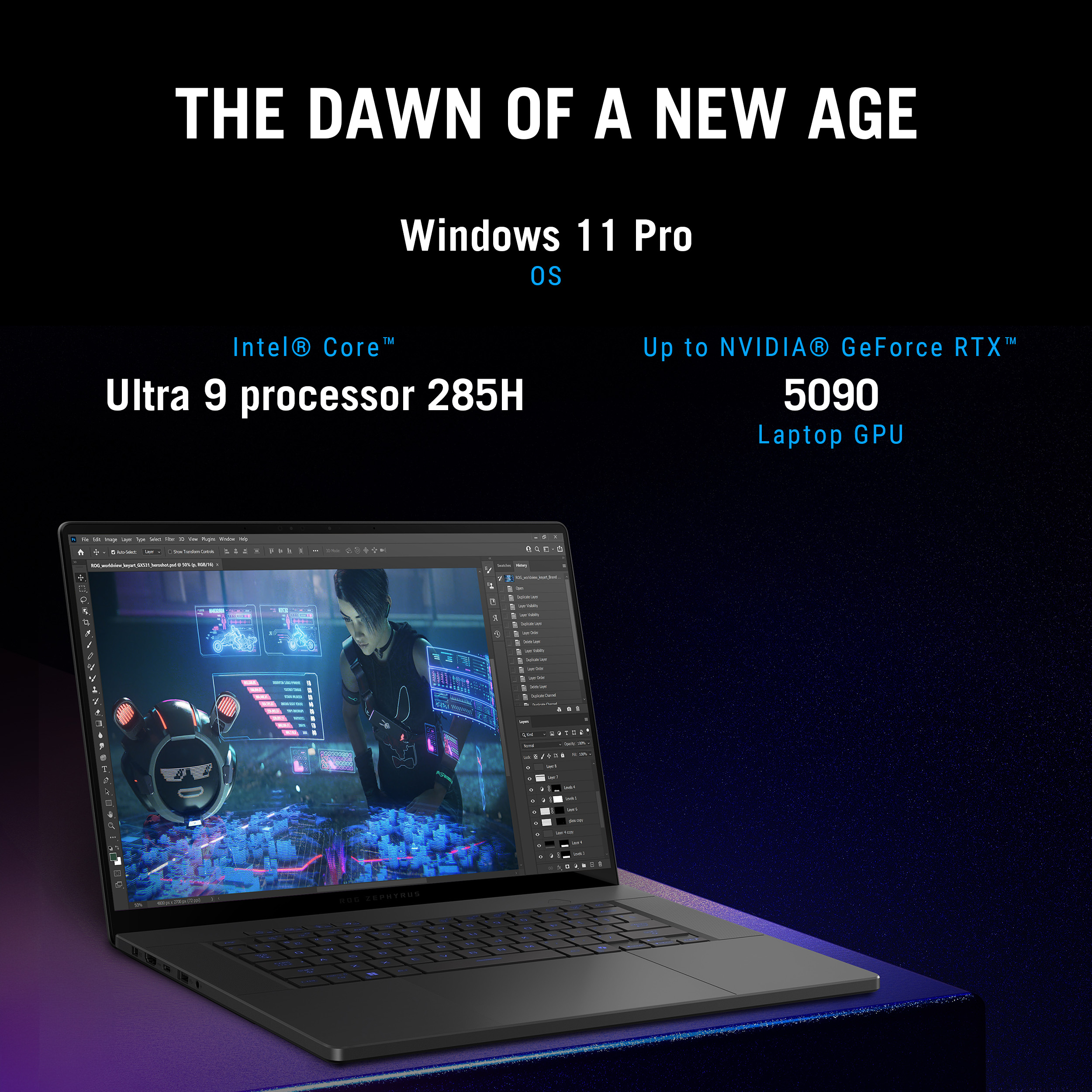 Un ordinateur portable noir affiche une scène d'art numérique. Texte: 'L'aube d'un nouvel âge'. Specs: Windows 11 Pro, Intel Core, Nvidia RTX.