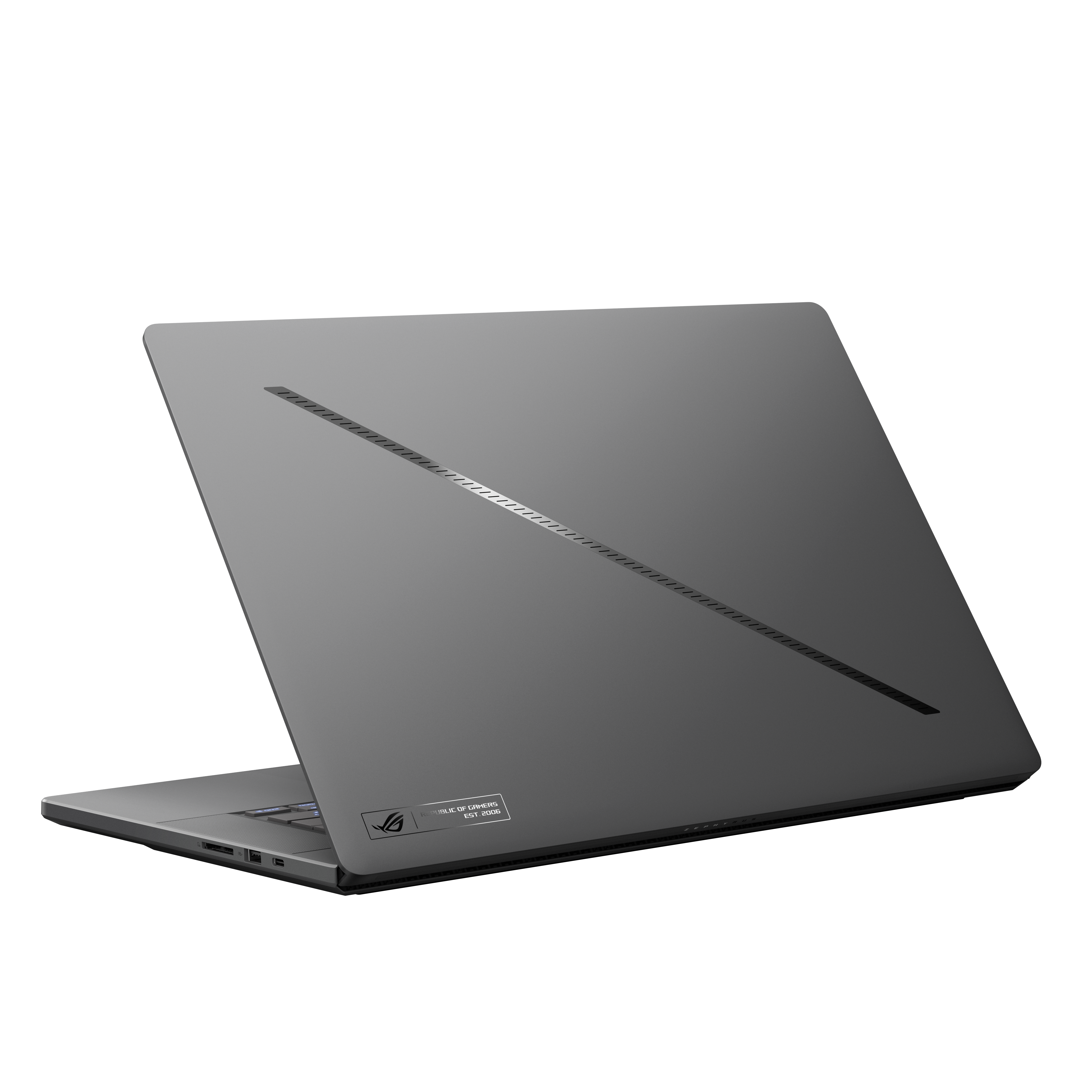 Un ordinateur portable gris foncé est légèrement ouvert, montrant l'arrière. Il a un logo et un design de ligne. Le fond est blanc.