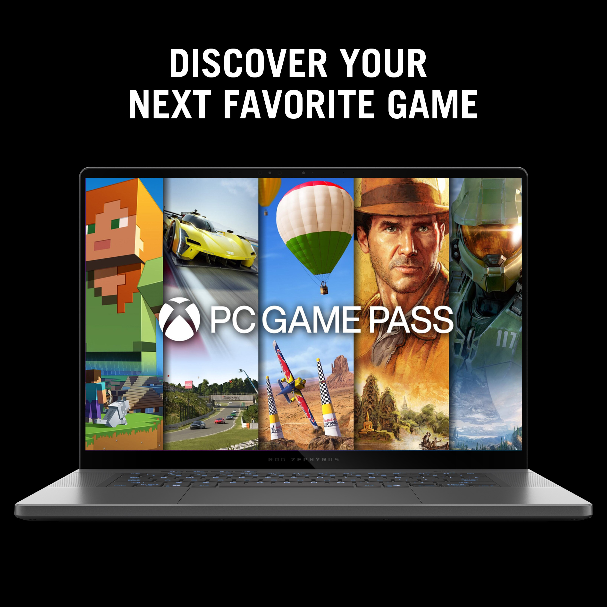 Écran d'ordinateur portable affichant des images de jeux, logo PC Game Pass. Texte : 'DÉCOUVREZ VOTRE PROCHAIN JEU PRÉFÉRÉ'.