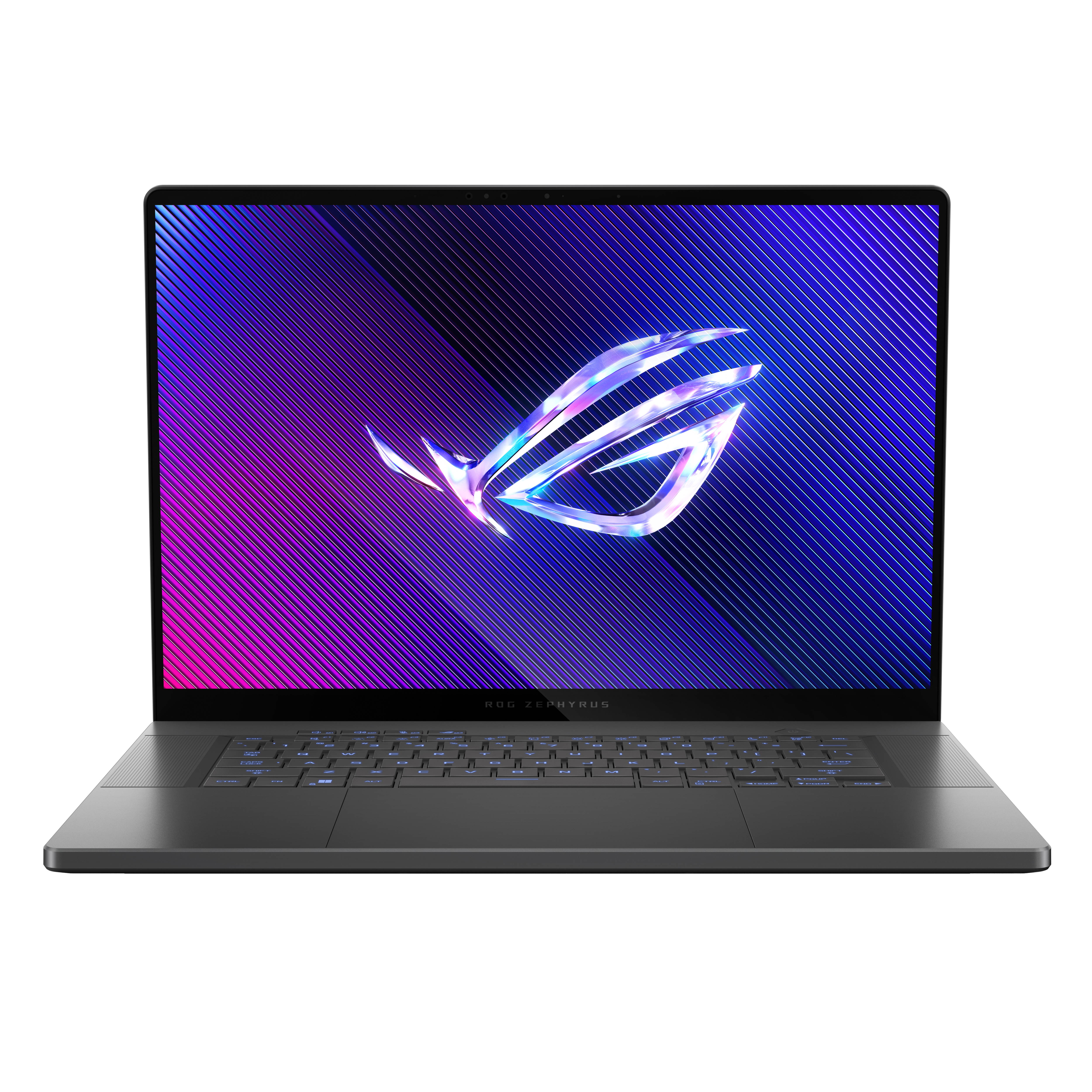 Un ordinateur portable avec un écran vibrant affichant un logo. Il a un corps gris foncé avec un clavier. Le fond est blanc.