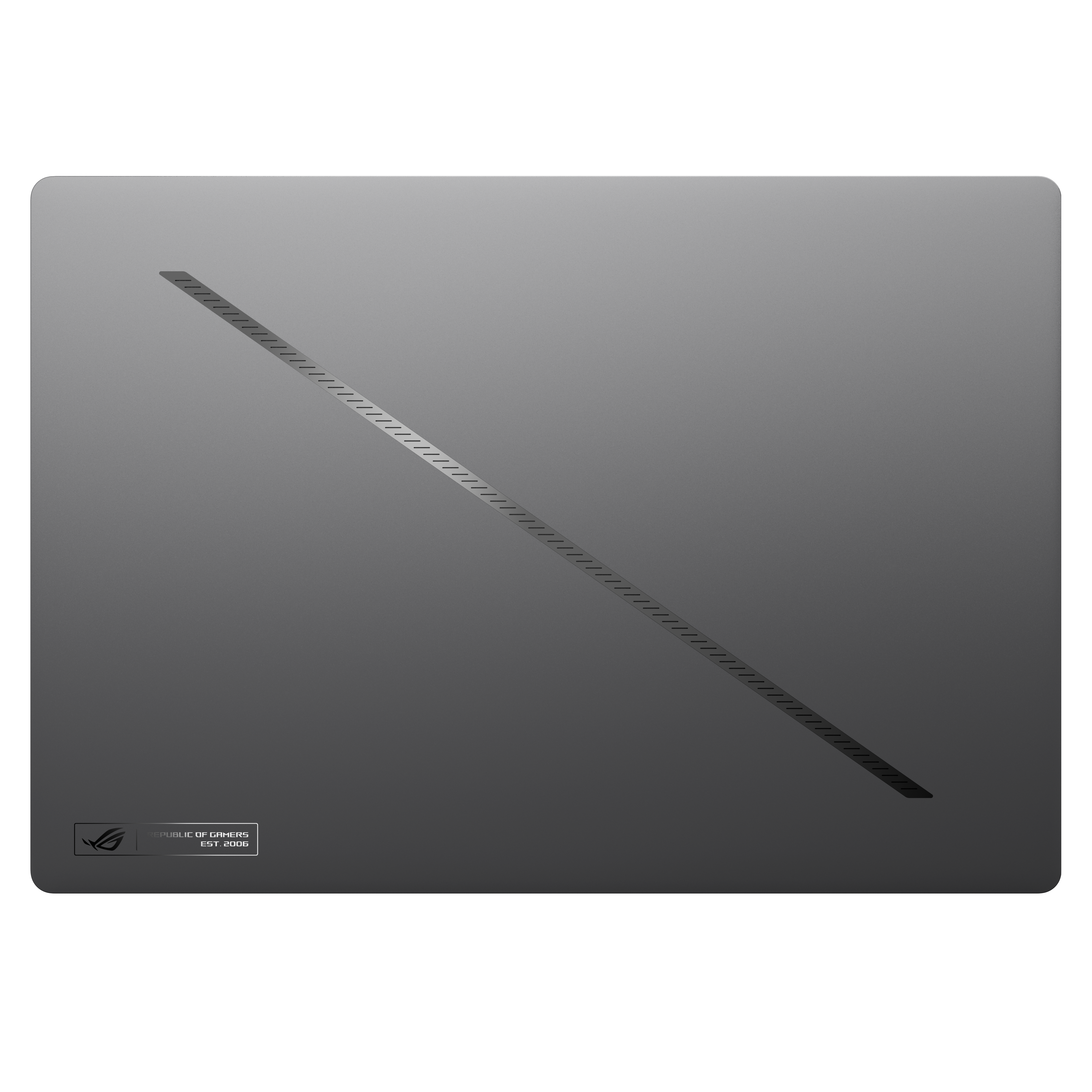 L'arrière d'un ordinateur portable gris avec un motif gravé diagonal et un petit logo. L'ordinateur portable est sur fond blanc.