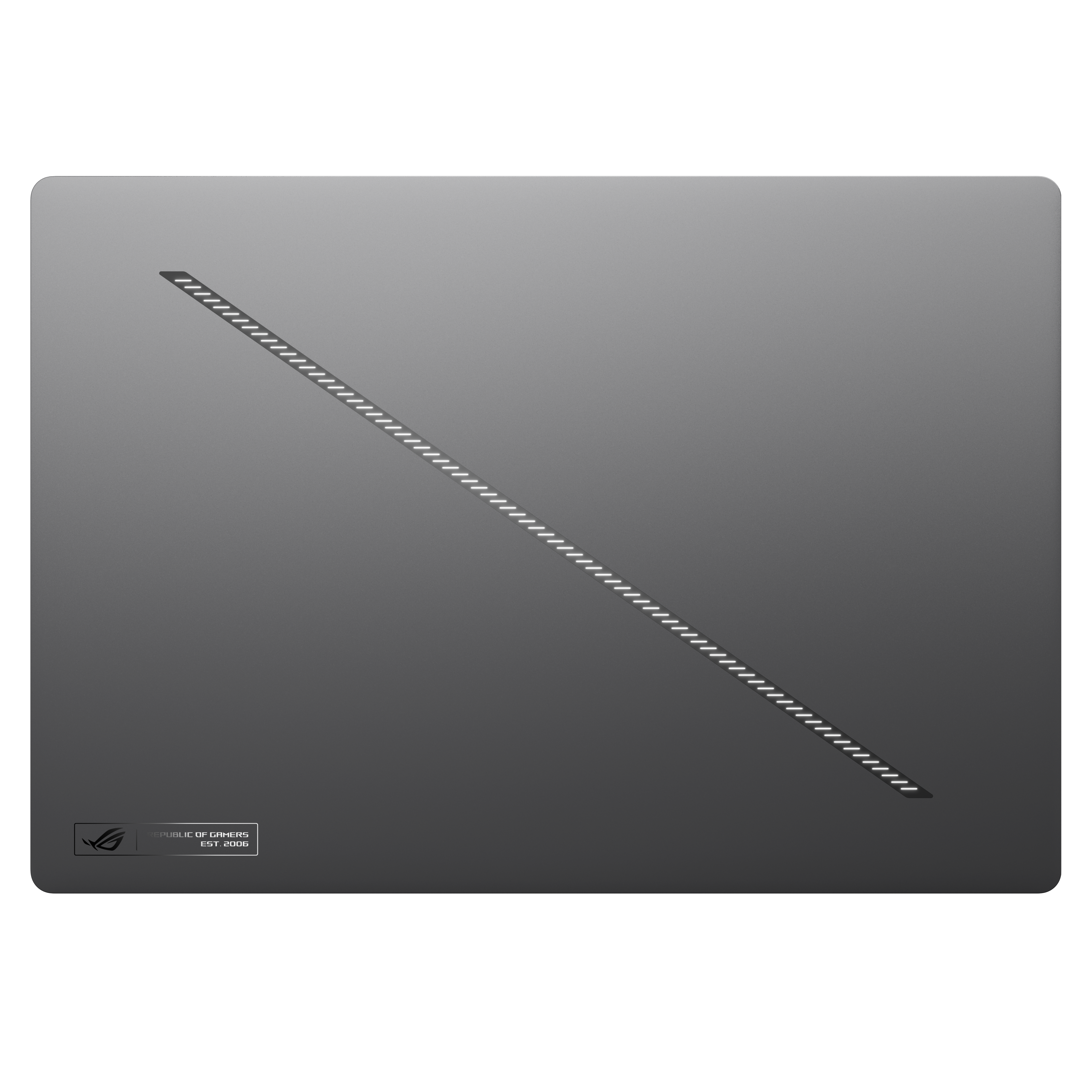 Un couvercle d'ordinateur portable gris avec une bande blanche diagonale et un logo en bas à gauche. La surface est lisse et mate.