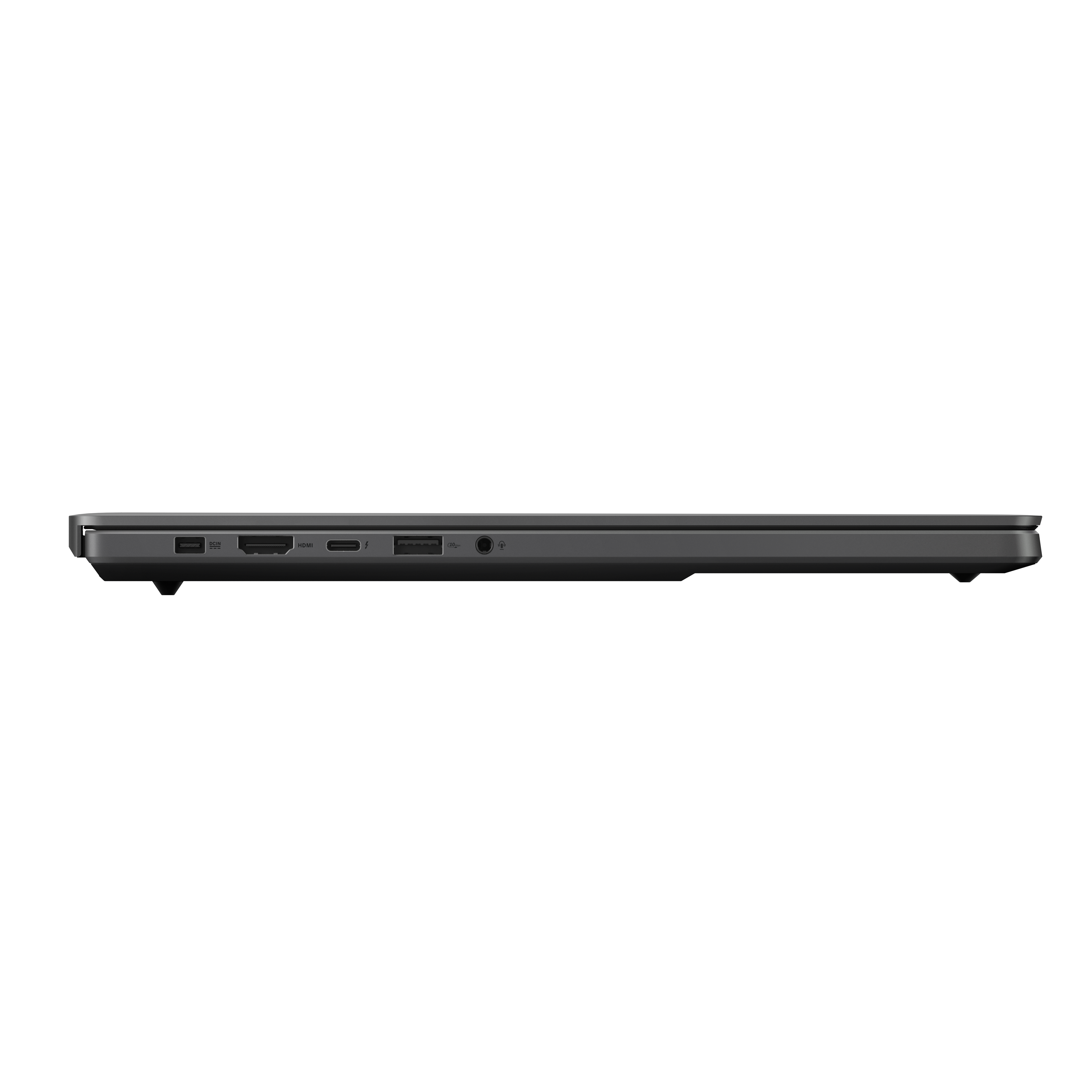 Vue latérale d'un ordinateur portable sombre. Ports : DCIN, USB, HDMI et prise audio. Fond noir.