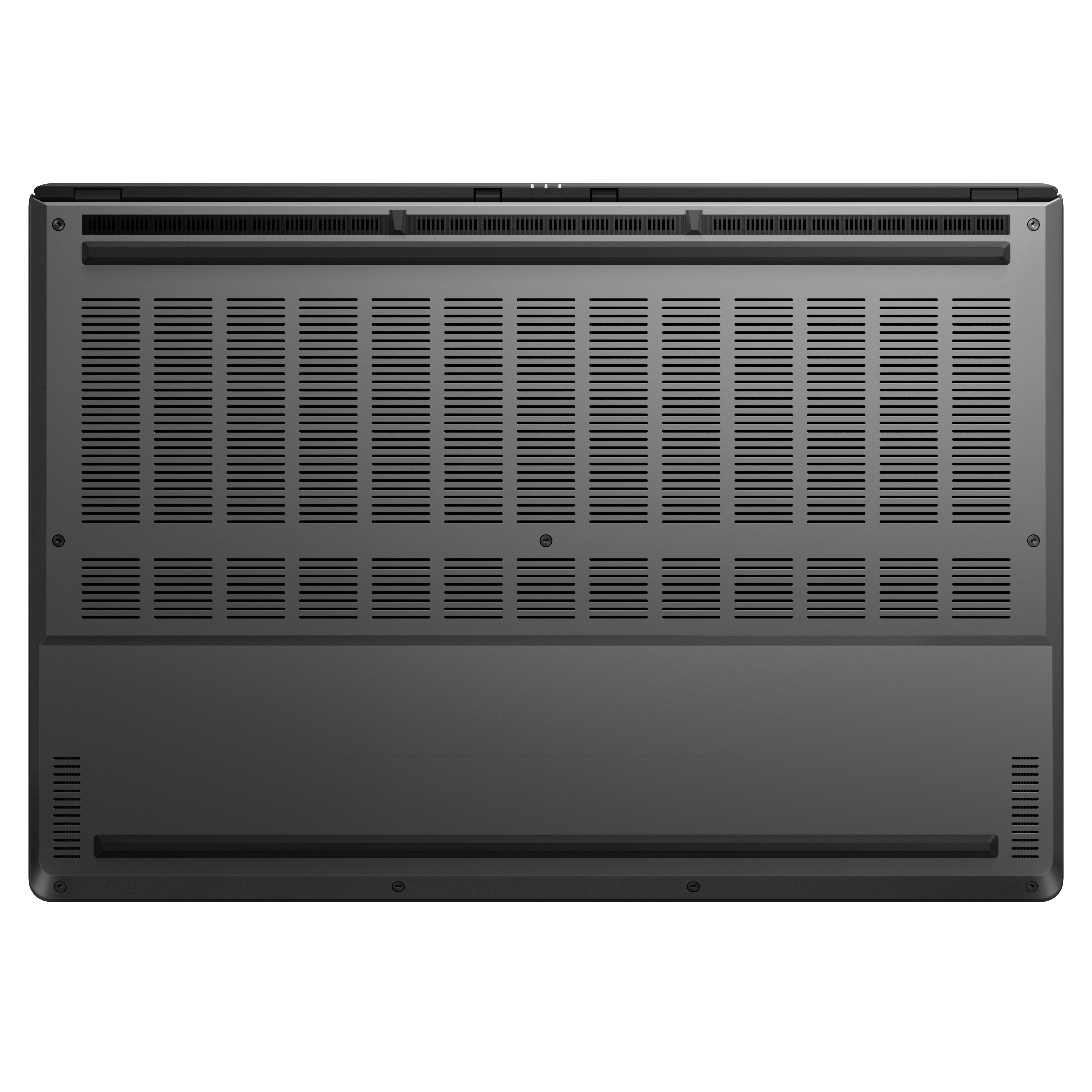 Vue inférieure d'un ordinateur portable noir. Comprend des évents, des vis et une surface lisse. L'ordinateur portable est sur fond blanc.