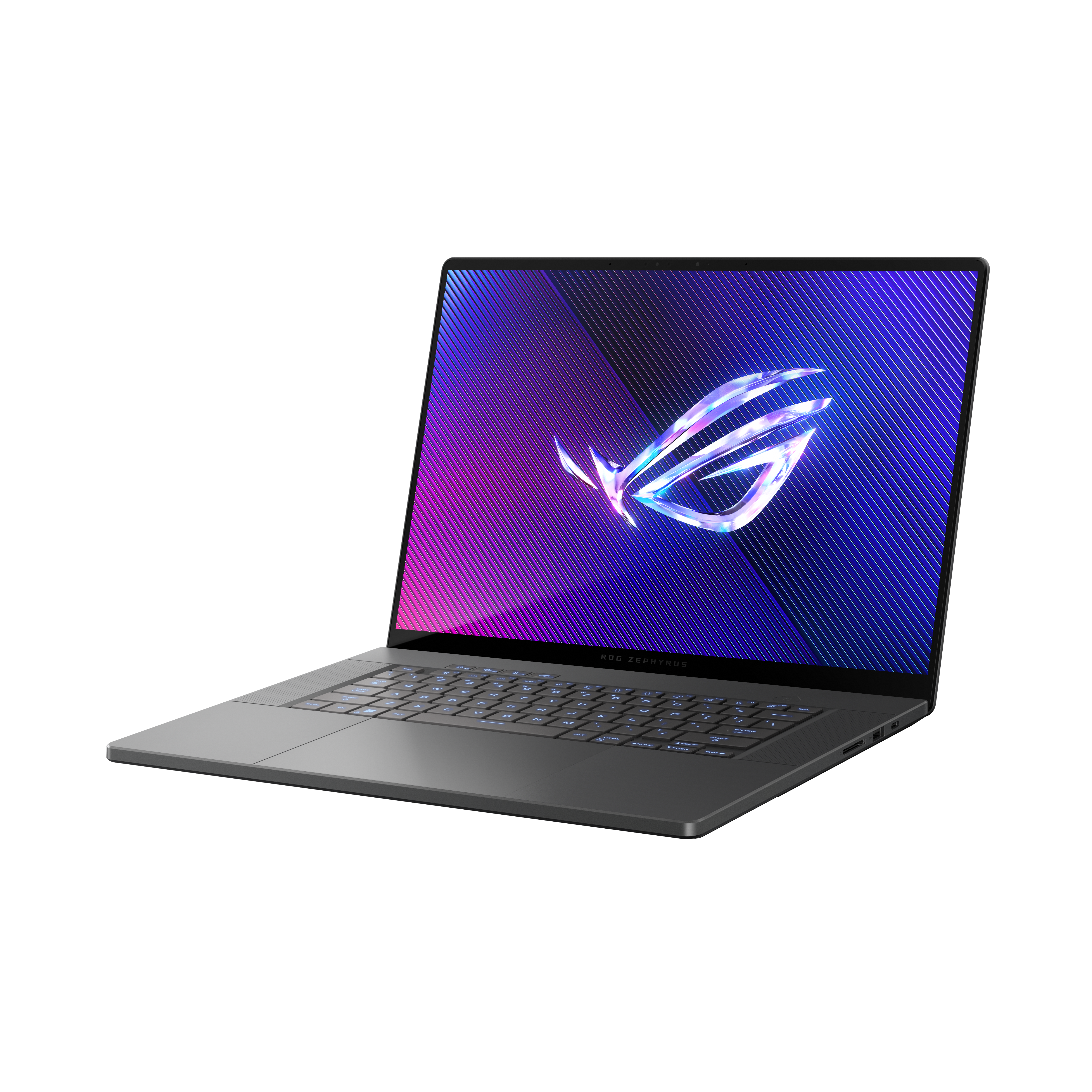 Un ordinateur portable gris avec un écran allumé. L'écran affiche un logo ROG sur un fond dégradé violet et bleu.