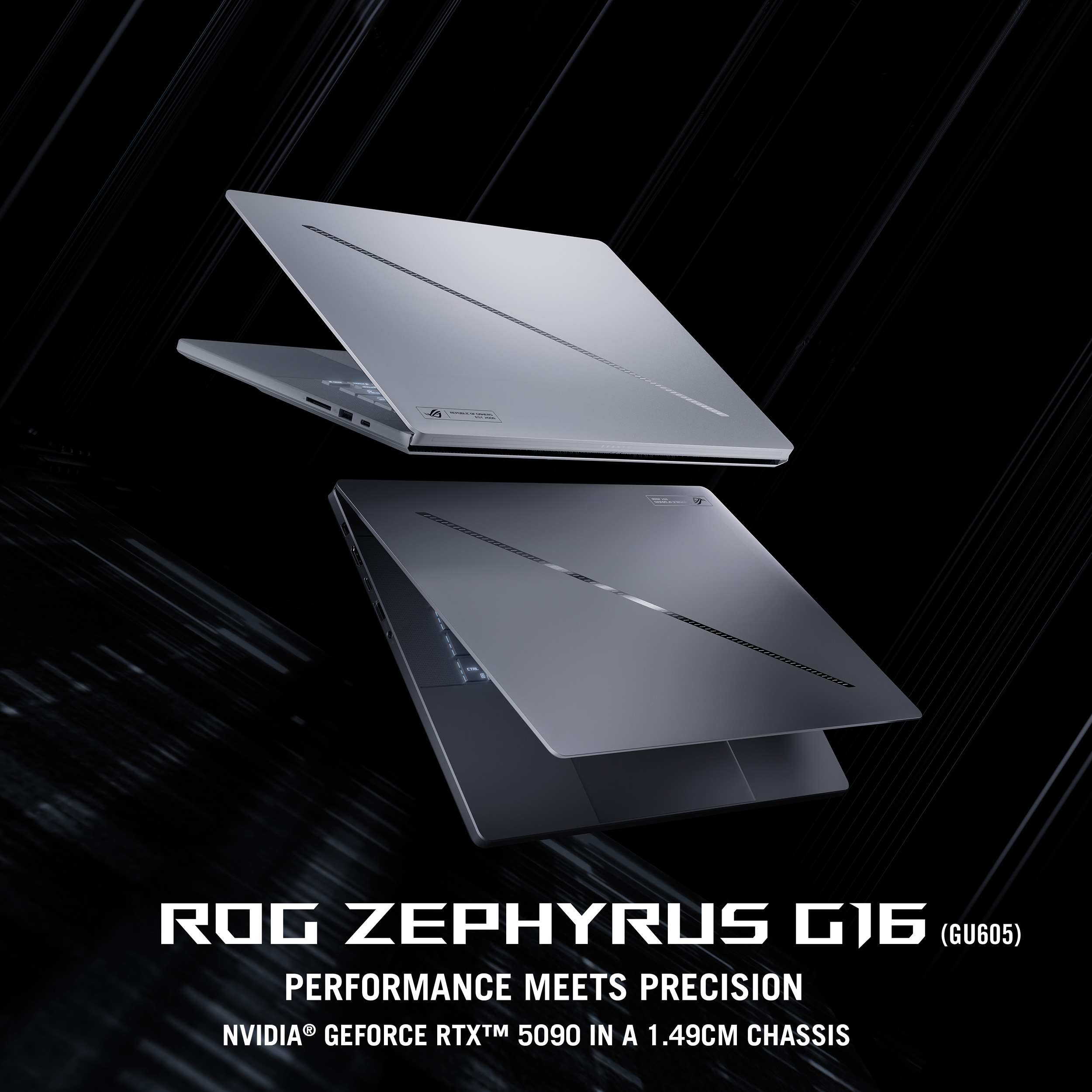 Deux ordinateurs portables gris sur fond noir. Texte: ROG Zephyrus G16, Performance meets précision, NVIDIA GeForce RTX 5090 dans châssis 1,49cm.