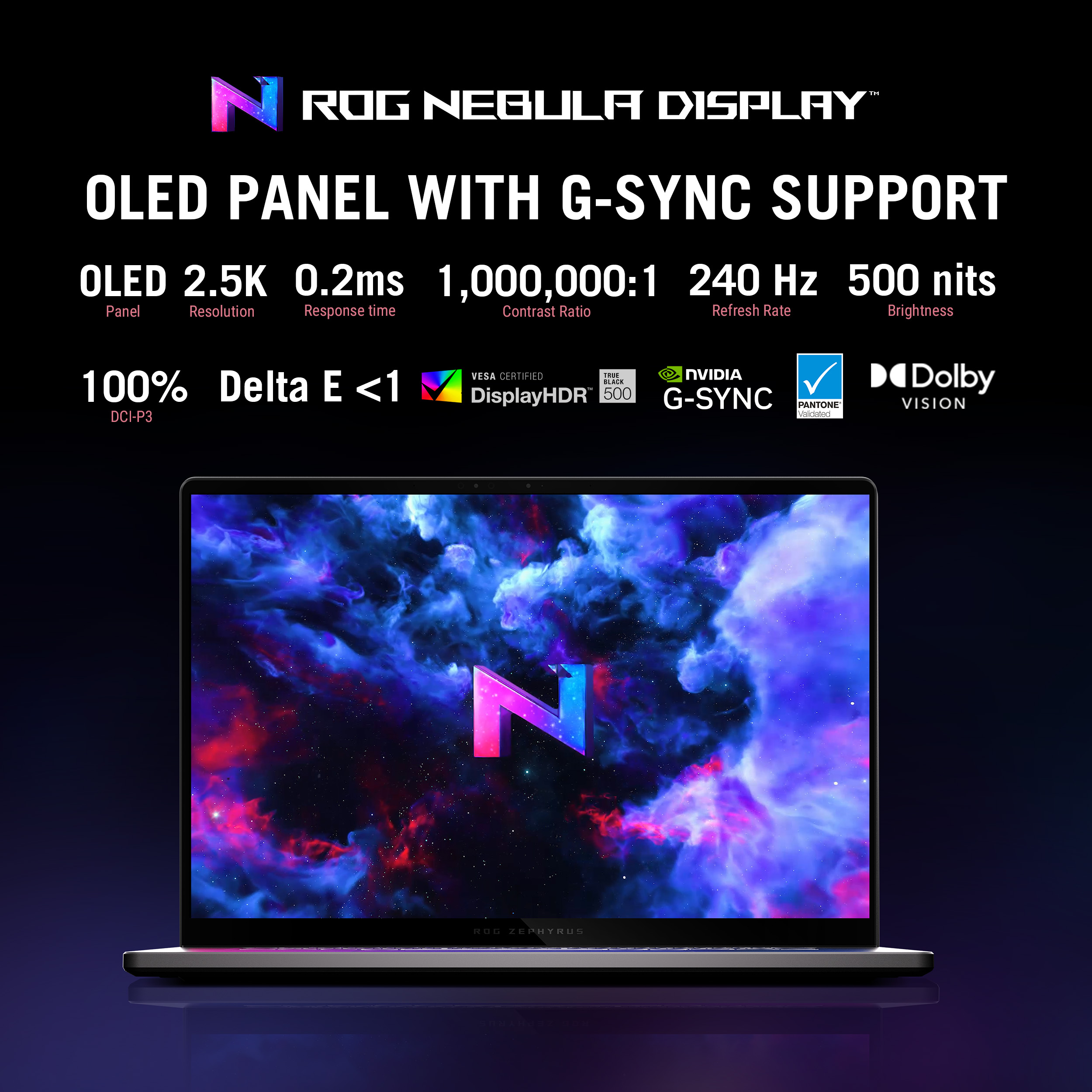 Écran d'ordinateur portable avec fond de nébuleuse, spécifications listées ci-dessus, avec le logo ROG et Dolby Vision.