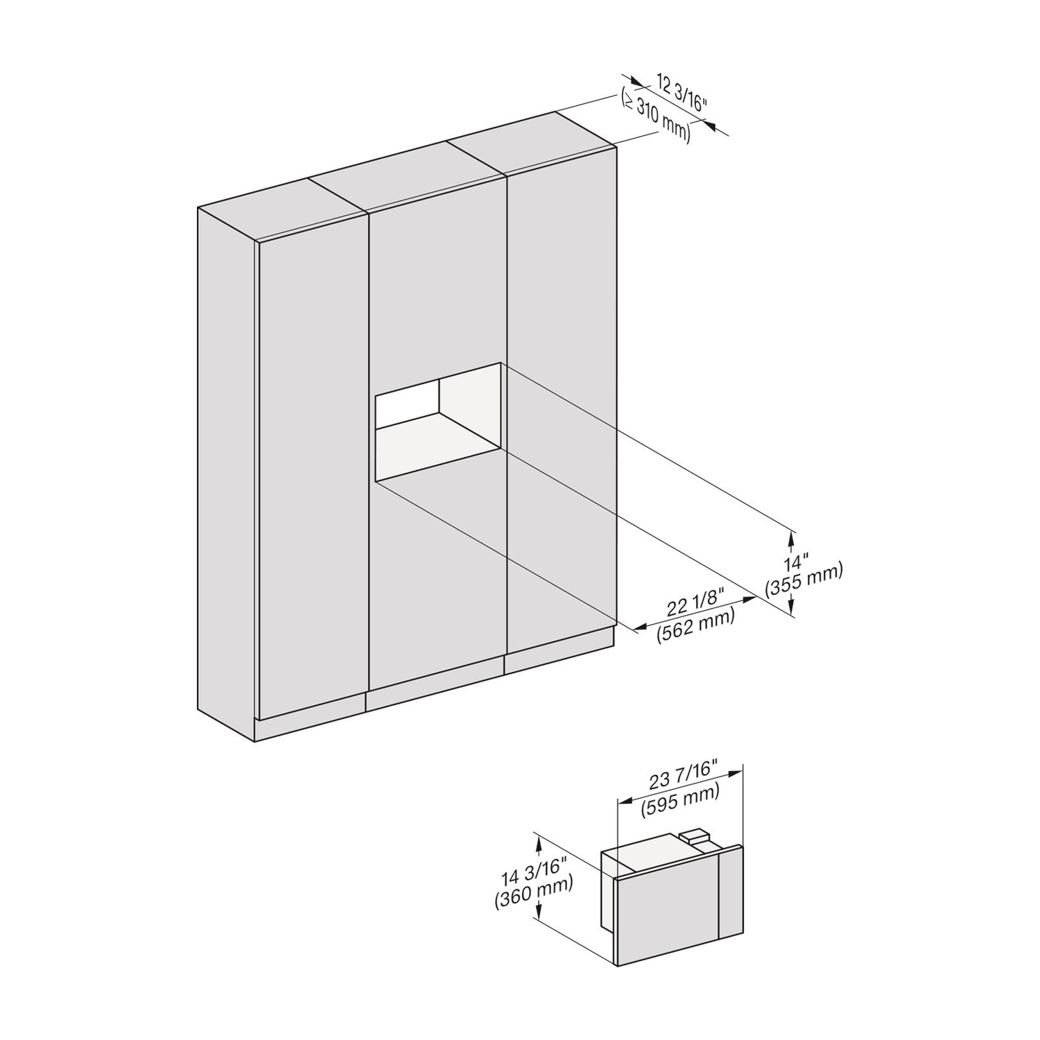 Diagramma di un elettrodomestico da incasso. Le dimensioni sono indicate in pollici e millimetri. Una piccola unità si trova sotto un vano più grande.