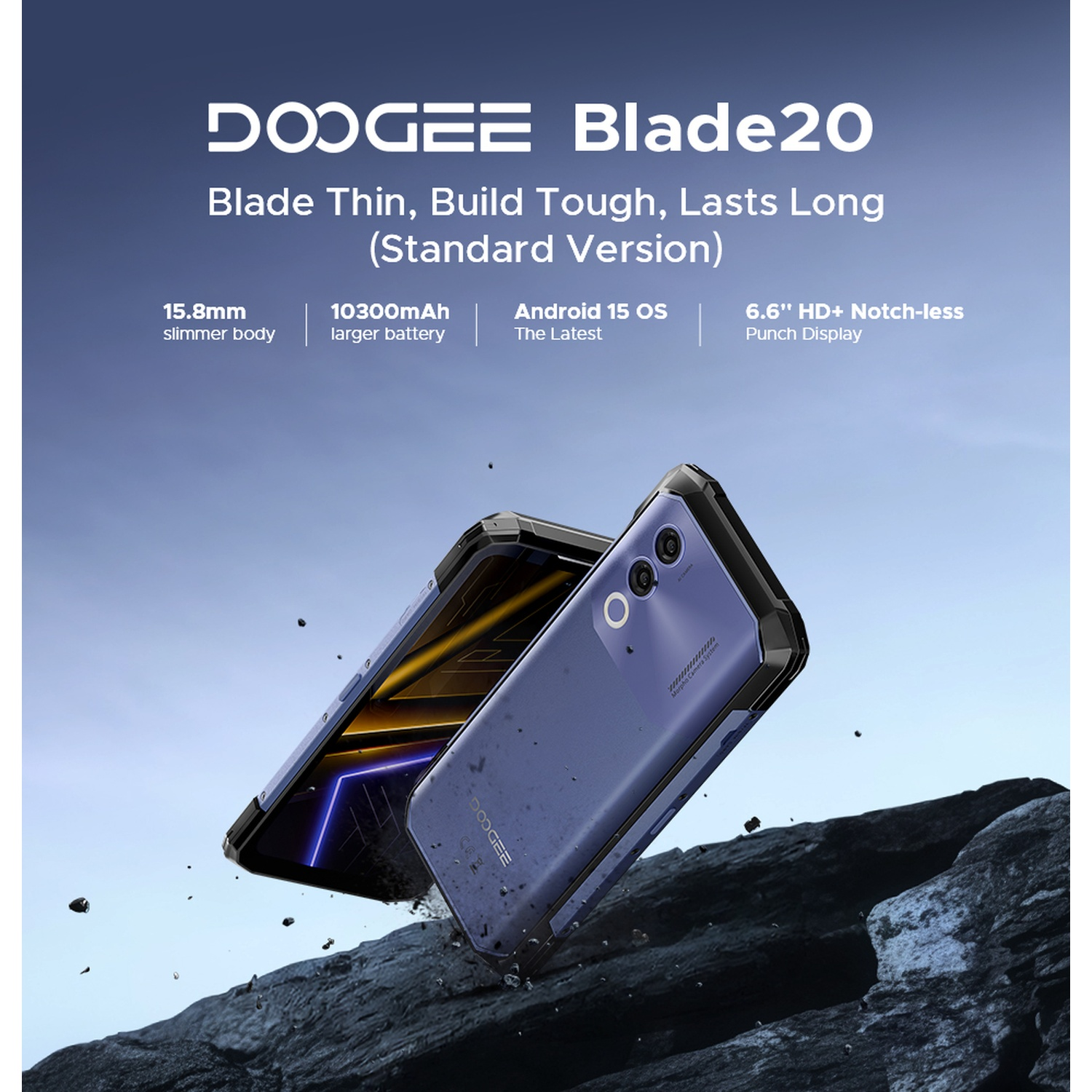 Due telefoni blu Doogee Blade20 su rocce. Il testo evidenzia le caratteristiche: corpo da 15,8 mm, batteria da 10300 mAh, Android 15 OS e display da 6,6".