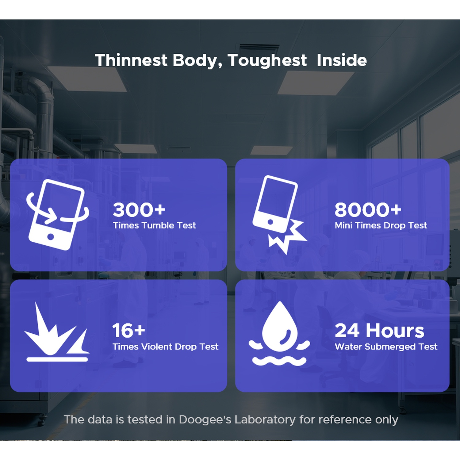 L'immagine mostra i test di durata del telefono. Include test di caduta, urto e immersione in acqua, con numeri su sfondo blu.