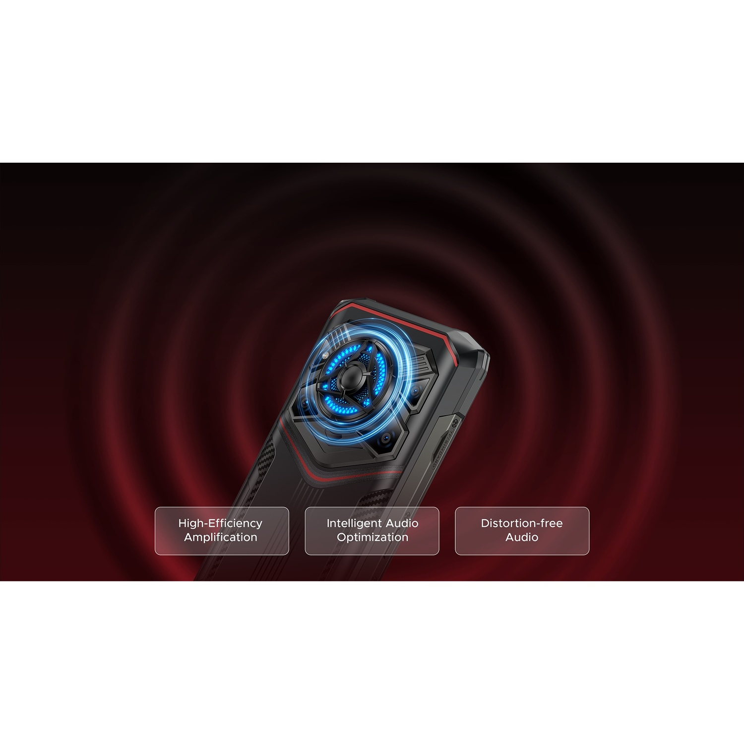 Uno smartphone nero e rosso con un design circolare blu. Etichette di testo: Amplificazione ad alta efficienza, Ottimizzazione audio intelligente, Audio senza distorsioni.